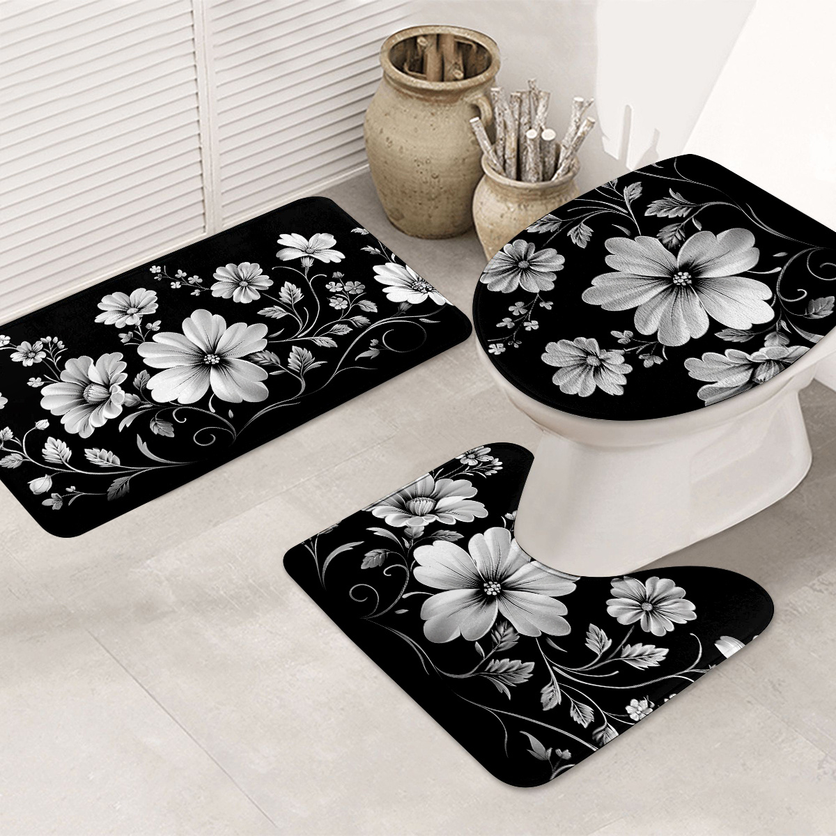 

3pcs And Bathroom Rug Set, Polyester Bath Mats, , , , , , Mat And Lid , For Bathroom Decor