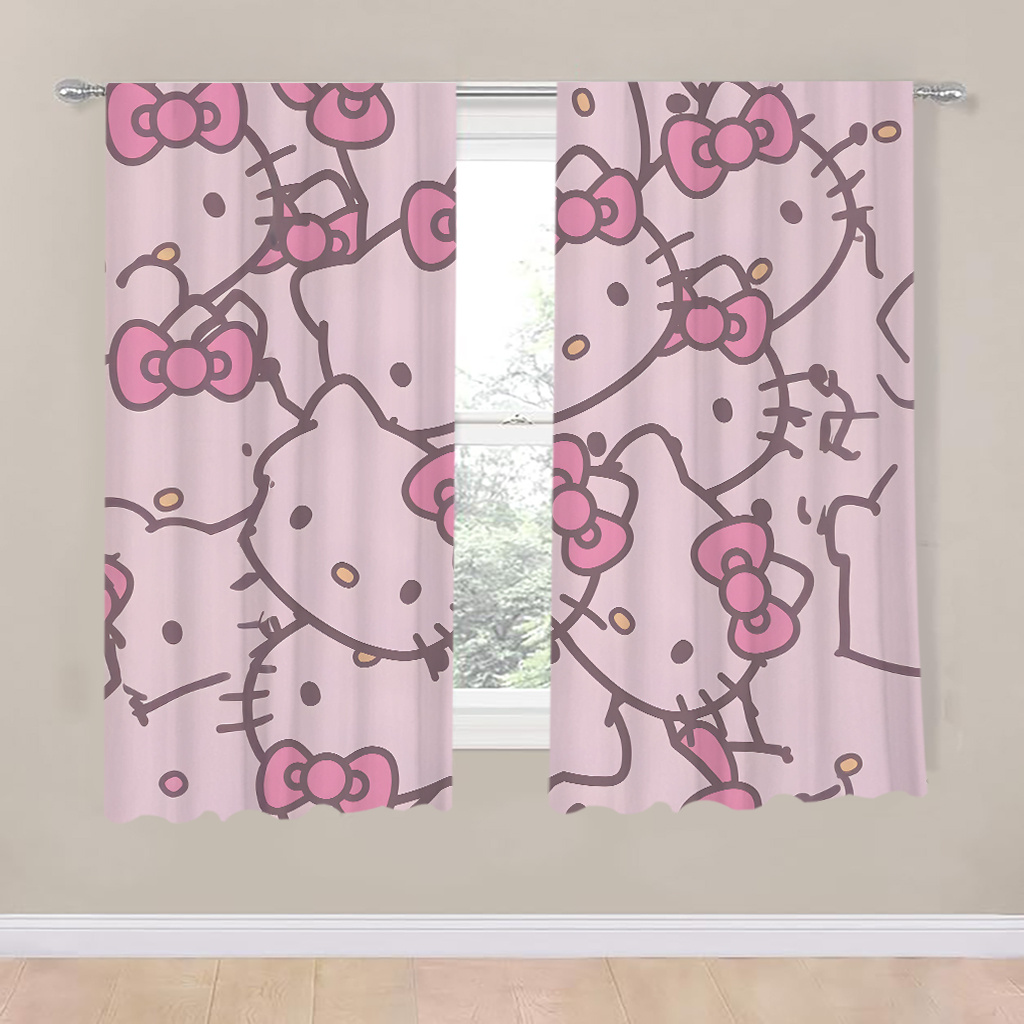 

2pcs Hello Kitty Cartoon Blackout Curtains, Polyester Knit Rod , Animal Theme Style Drapes, Machine Washable, , With For Bedroom, Office, Living Room, Room Decor