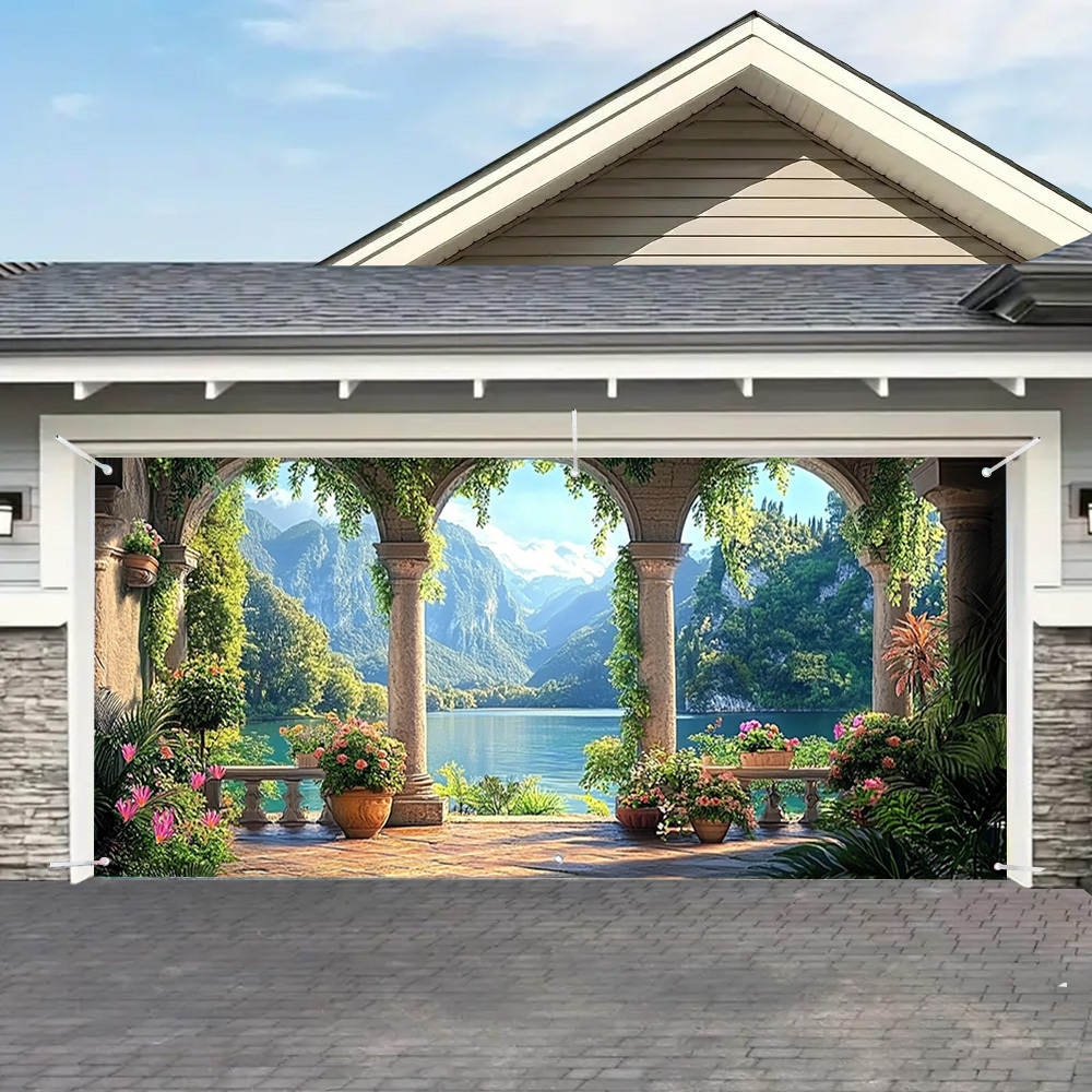 

2d Door Banner, 1pc Scenic Lakeside Garden Garage Door Cover – To Your Home, Ideal For Family Reunions & Outdoor Celebrations. Easy Setup, Polyester, No Power Required, Garage Door Decoration