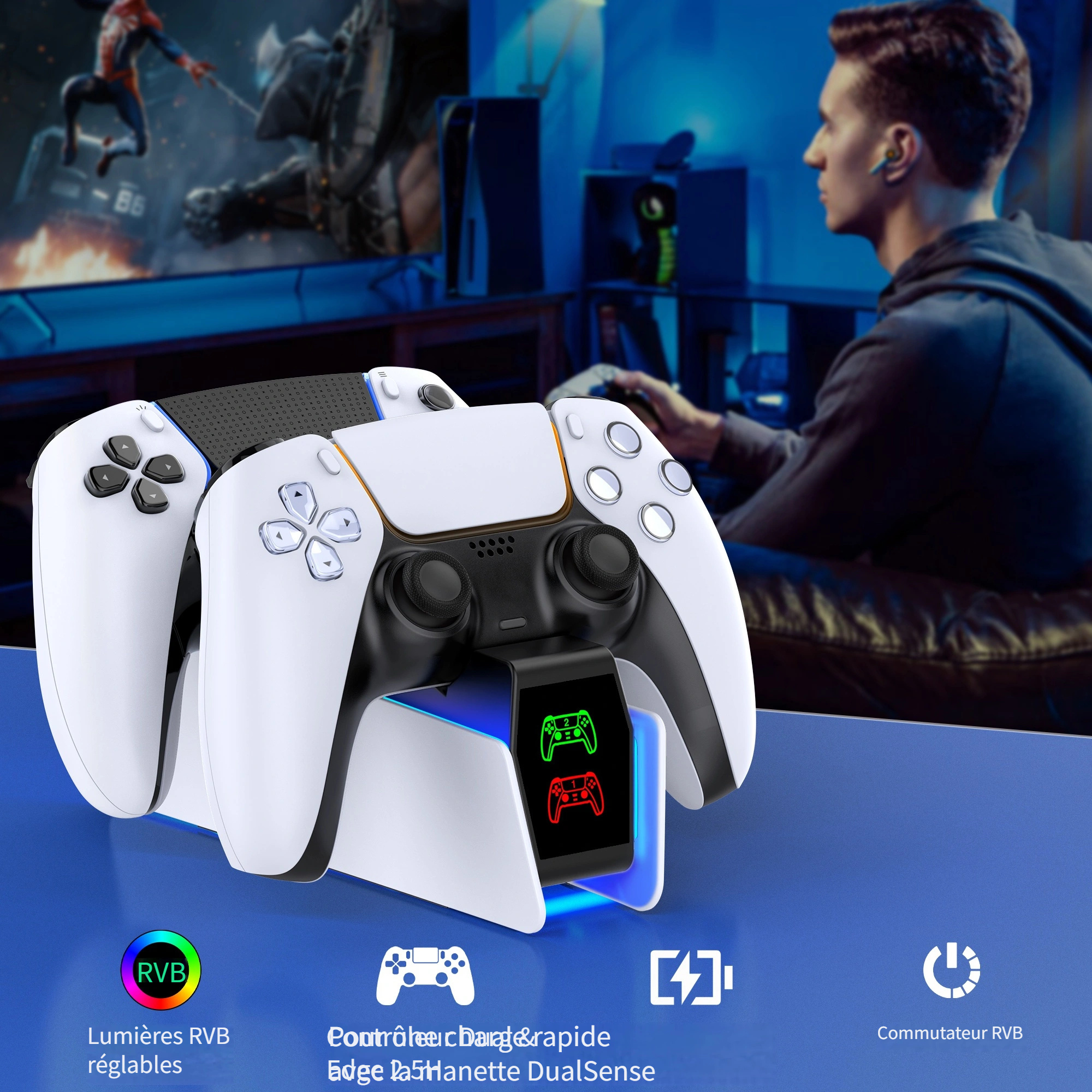 Station de charge pour manettes PS5, kit d'accessoires pour manettes Dualsense sans fil/Edge, avec une charge rapide en 2 heures et une lumière RGB cool, parfait comme cadeau de Noël