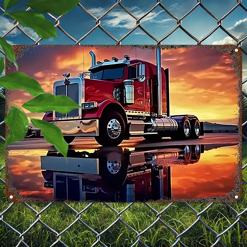 TEMU 1pc Vintage Semi-truck Metal Wall Decor - Heavy-duty Truck Decoration Plaque With Red Semi-truck, No Electricity Needed, Easy Hanging For Home,