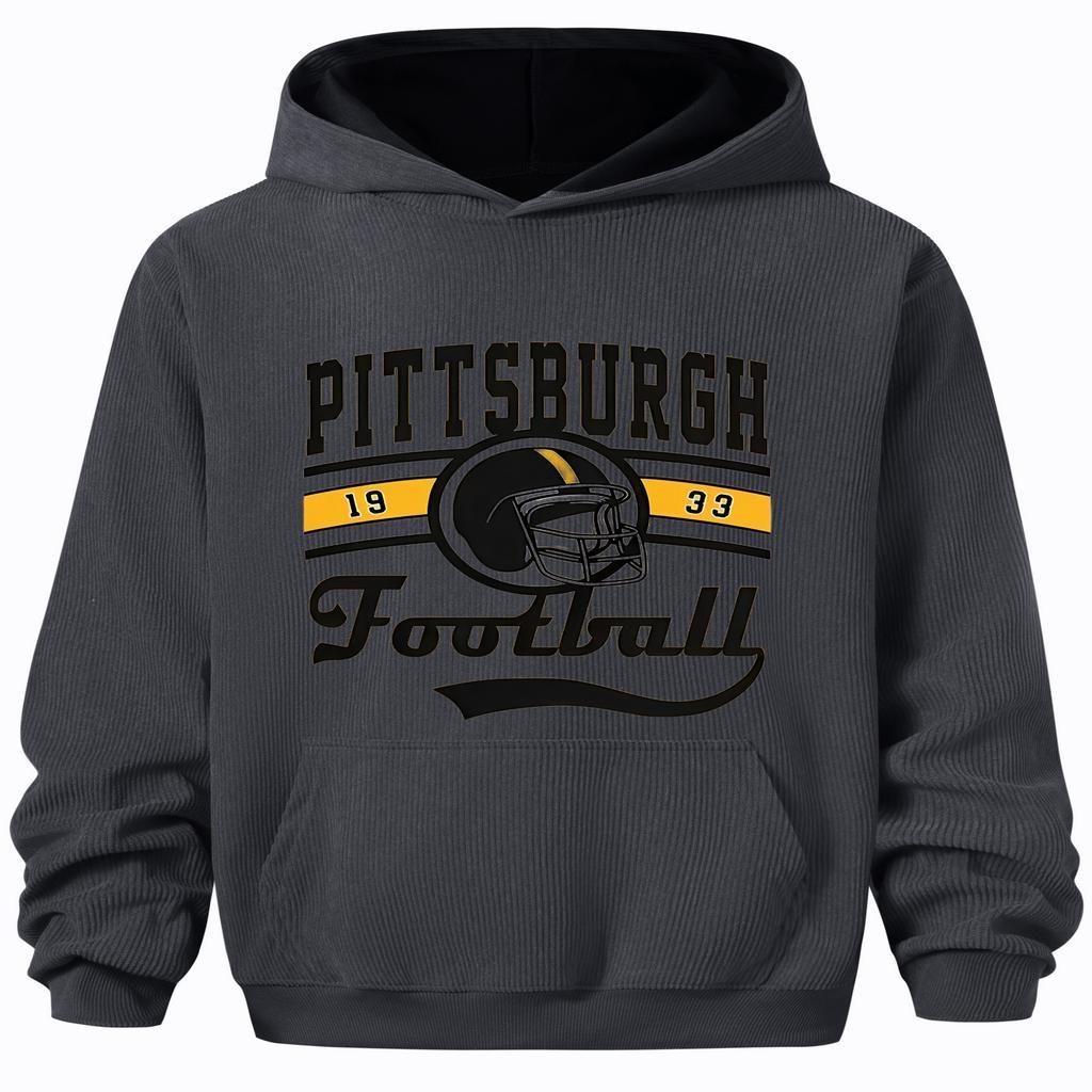 

1pc Pittsburgh Football Casual Hooded Sweatshirt For Men, 100% Polyester Knit Fabric With Slight Stretch, Loose Fit With Pocket Detail, Urban Streetwear And Hoodie