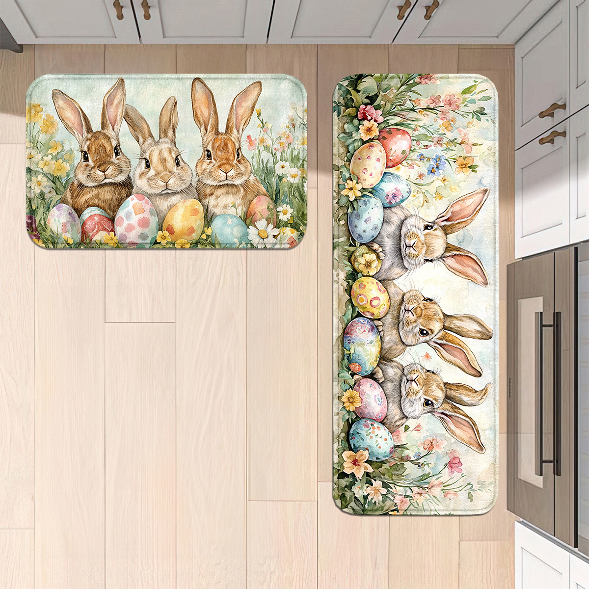 TEMU Easter Decoration Easter Eggs Rabbit Cute Flowers Easter Decoration Easter Eggs Bunny Cute Flowers Kitchen Mat Set, Polyester Non-slip Machine