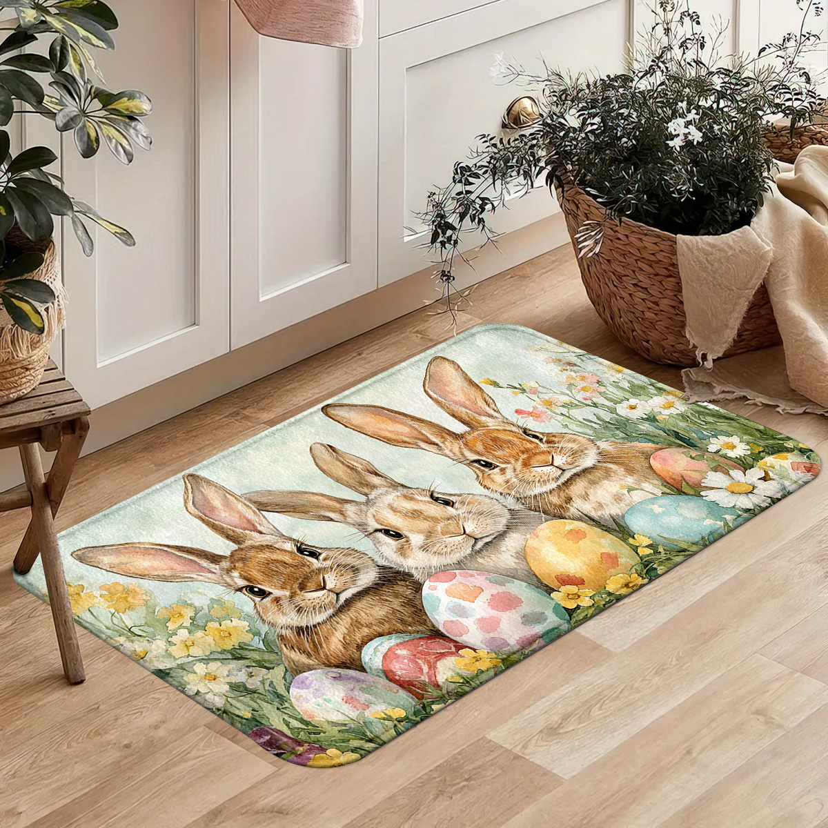 TEMU Easter Decoration Easter Eggs Rabbit Cute Flowers Easter Decoration Easter Eggs Bunny Cute Flowers Kitchen Mat Set, Polyester Non-slip Machine