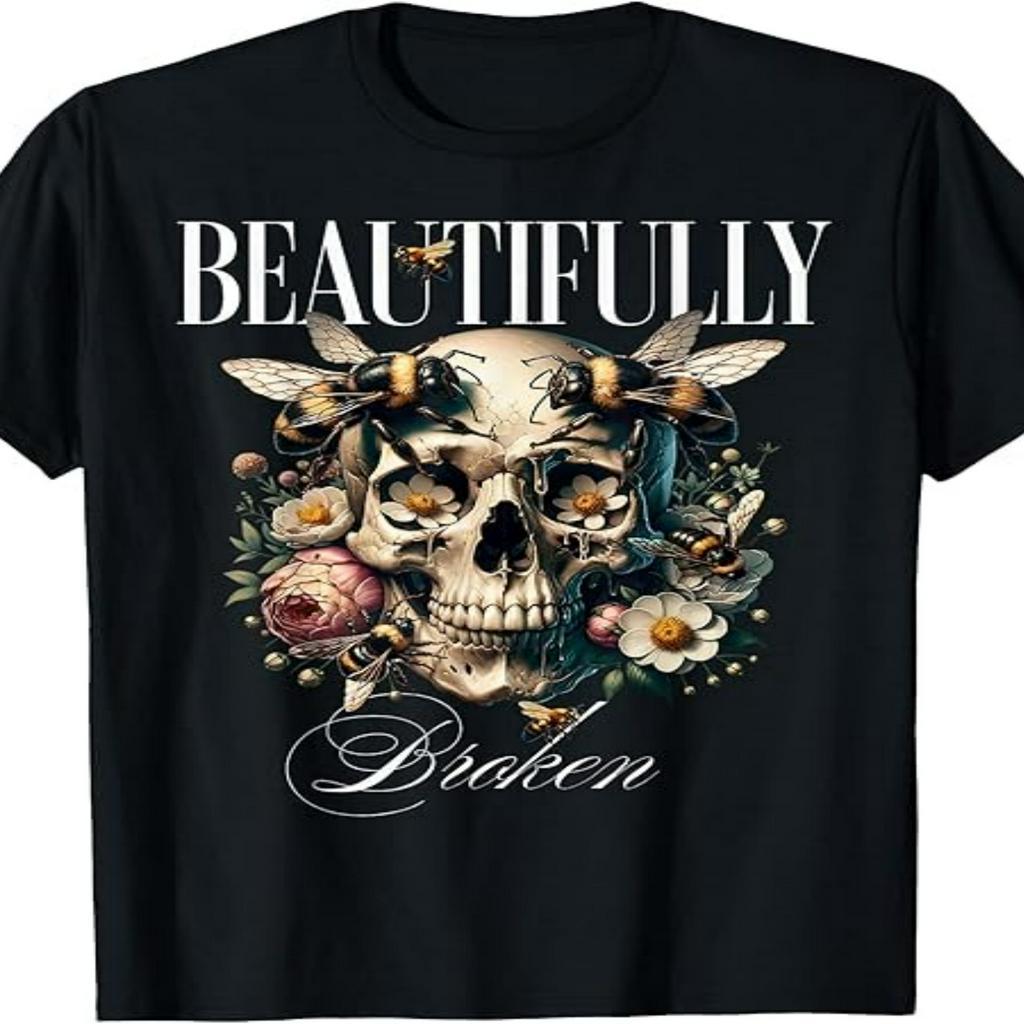 

Graphic T-shirt, Cotton Crew Neck Tee, , With Bee And Floral Skull Print, For Men And Women, Spring/summer/fall Knit Fabric Top