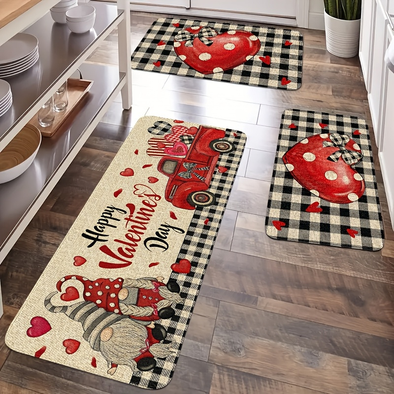 

Valentine's Day Kitchen Rug Set - & Striped, Non-slip, Machine Washable Polyester Mats With Vintage & Design For Bedroom, Living Room, Dining, Bathroom