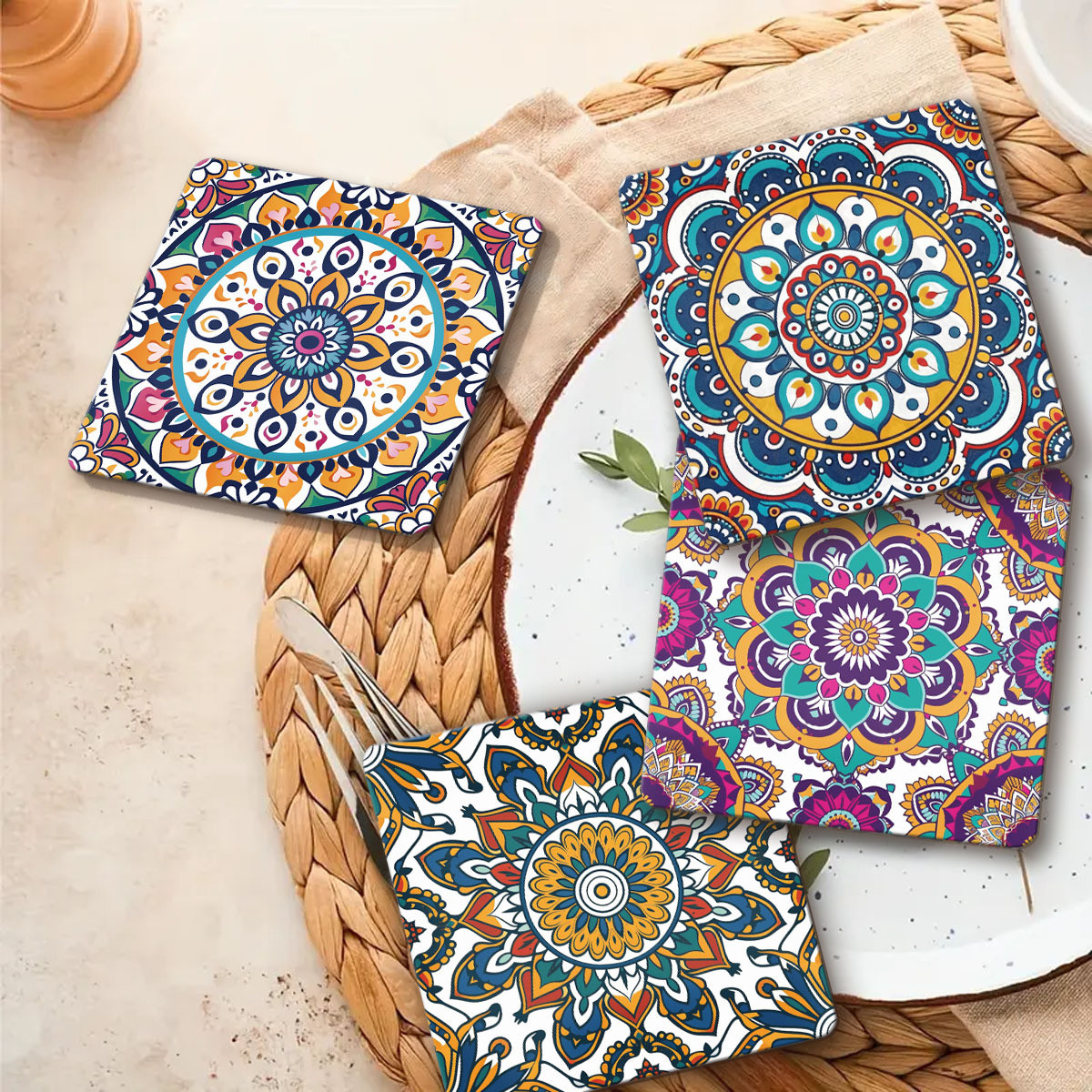 TEMU 4pcs Mandala Square Coasters, Festive Wooden Coasters With Special , Festive Kitchen Decoration, Home Decoration Accessories