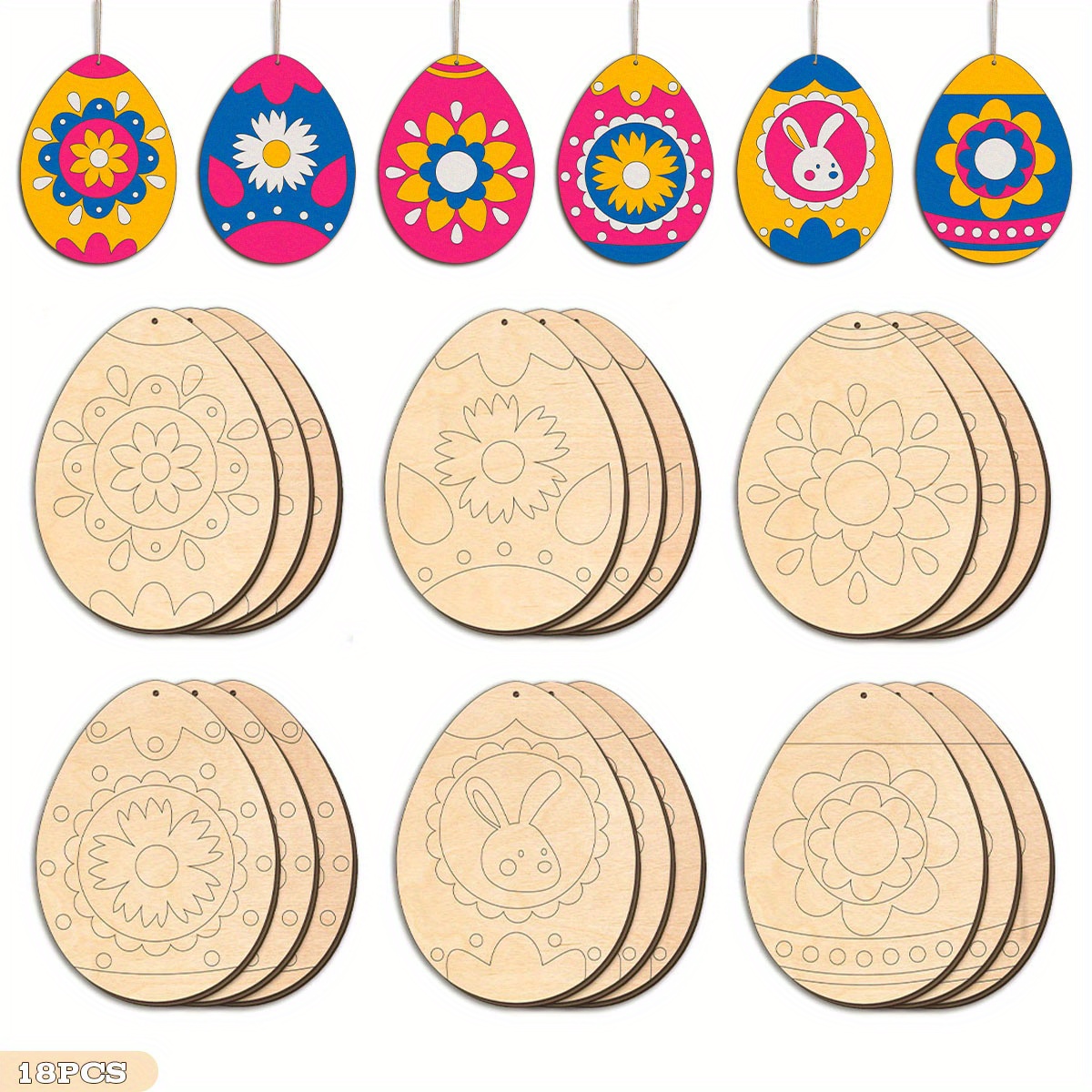 

18pcs Diy Paintable Wooden Ornaments – Creative Flower & Bunny Designs For Easter Baskets, Party Decorations, And Gifts (colors , Coloring Materials Not Included)