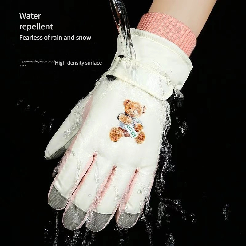 

1 Pair Fotn Women's Cartoon Bear Pattern Winter Gloves - Windproof, Waterproof, Woven Polyester, Hand Wash Only, For Skiing, Skating, And Cycling