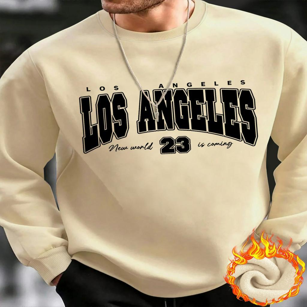 

1pc Men's Casual Polyester Sweatshirt - Los Angeles , Crew Neck, Winter Fleece Lined, Knit Pullover, Relaxed Fit