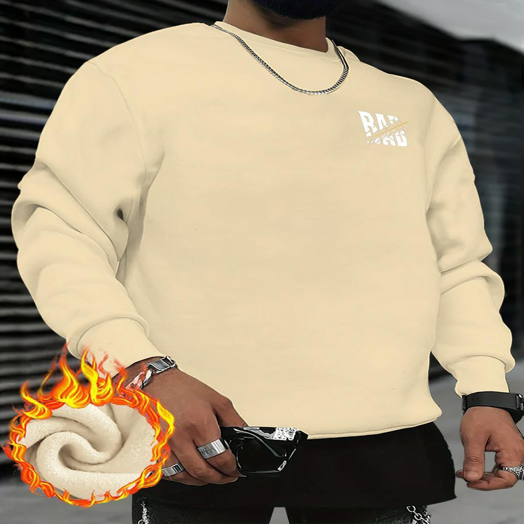 

1pc Winter Casual Crew Neck Sweatshirt, Fleece Knit Pullover With Stretch, Loose Fit Polyester Sweatshirt With For Men