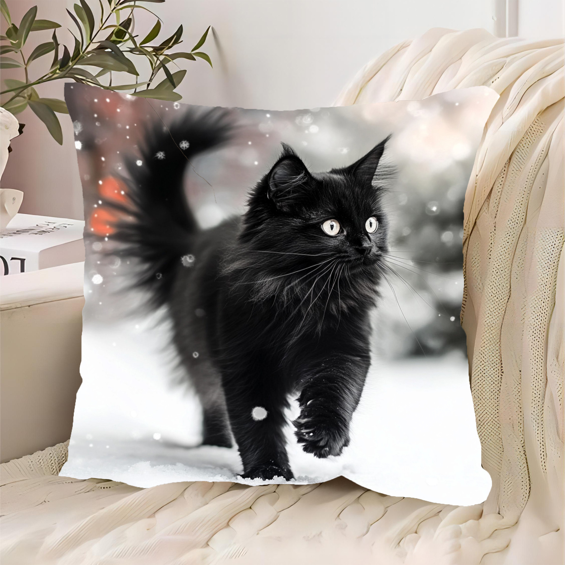 

1pc, Polyester Short Plush 18x18 Inch, Walking Longhaired Black Cat With Long Fluffy Tail Merry Christmas, Suitable For Room, Sofa, Bedroom, Without Pillow Core_caiai7402