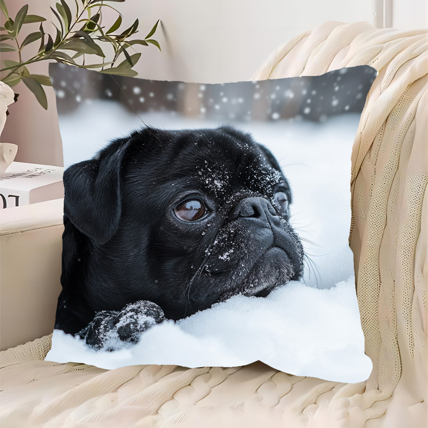 

1pc, Polyester Short Plush 18x18 Inch, Dog Basking In The Snow, Suitable For Room, Sofa, Bedroom, Without Pillow Core_chfyi2596