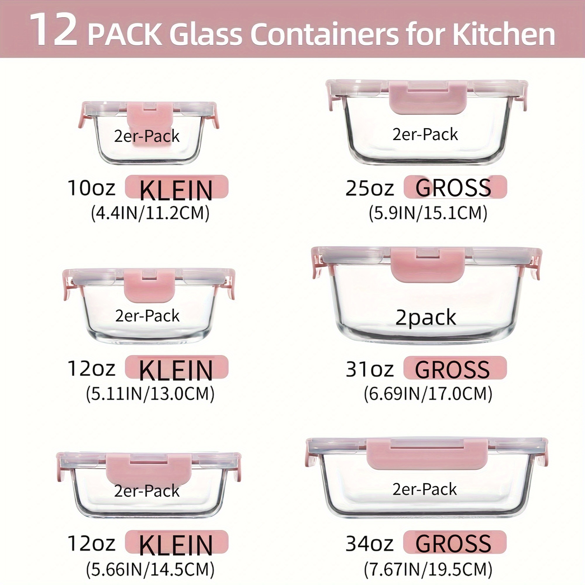 E-shop 12 Stück Glas-Aufbewahrungsbehälter mit Clip-Verschluss – Luftdicht, spülmaschinenfest & auslaufsicher – Rechteckige Glasbehälter für