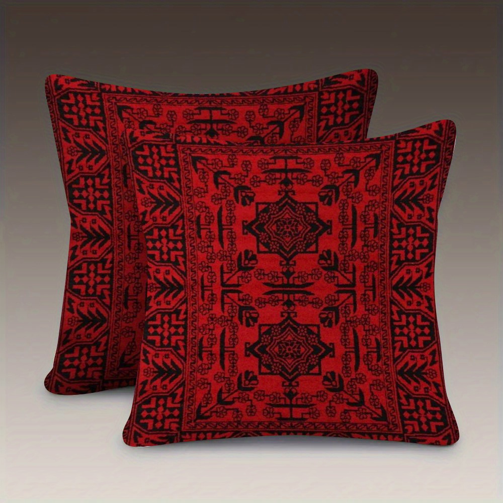 

2pcs Bohemian Red Afghan Design Pillow Covers, 18x18 Inch, Double-sided Short Plush, Zip Closure - Sofas & Beds (inserts Not Included)