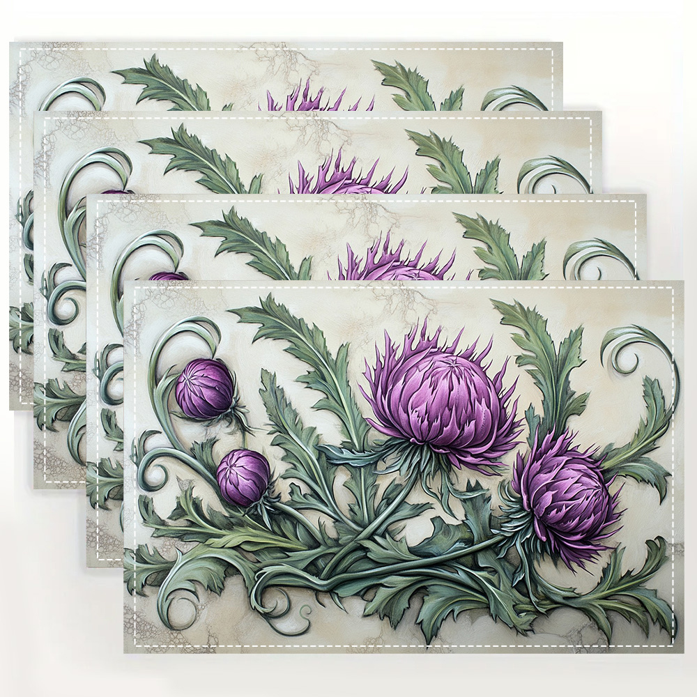 

4pcs, Scottish Purple Thistle Placemats, Fashion Print Pattern Table Mat, For Dining Table, Kitchen, Party, Indoor, Holiday, Dinner Parties And Home Decor (table Mats) 12x18 Inchccp232