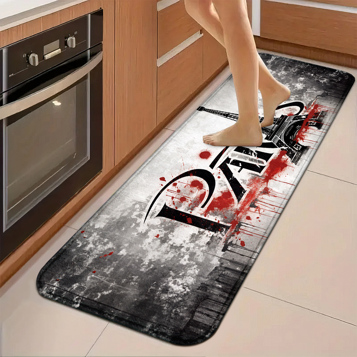 TEMU Ensemble de tapis de cuisine avec motif de Paris et teinture rouge de Eiffel, tapis de course tricoté antidérapant en polyester lavable en