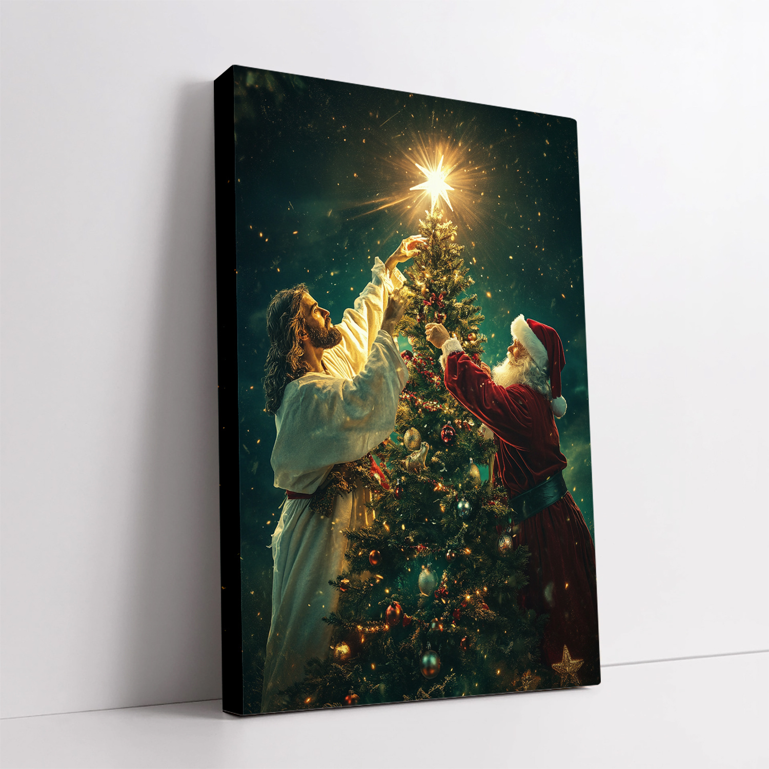 TEMU 2d Flat, 2d Flat, 2d Funny Christmas Canvas Art With Wooden Frame - And Santa Dressed-up Tree Poster, Perfect For Living Room/kitchen/hallway