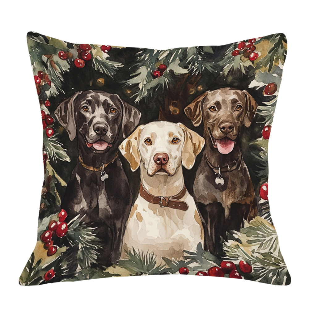 

1pc, 18x18 Inch Super Soft Plush Throw Pillow Cover - Hunting Dogs In Christmas Design With Pine & Red Berries, Dark Decor (no Insert)