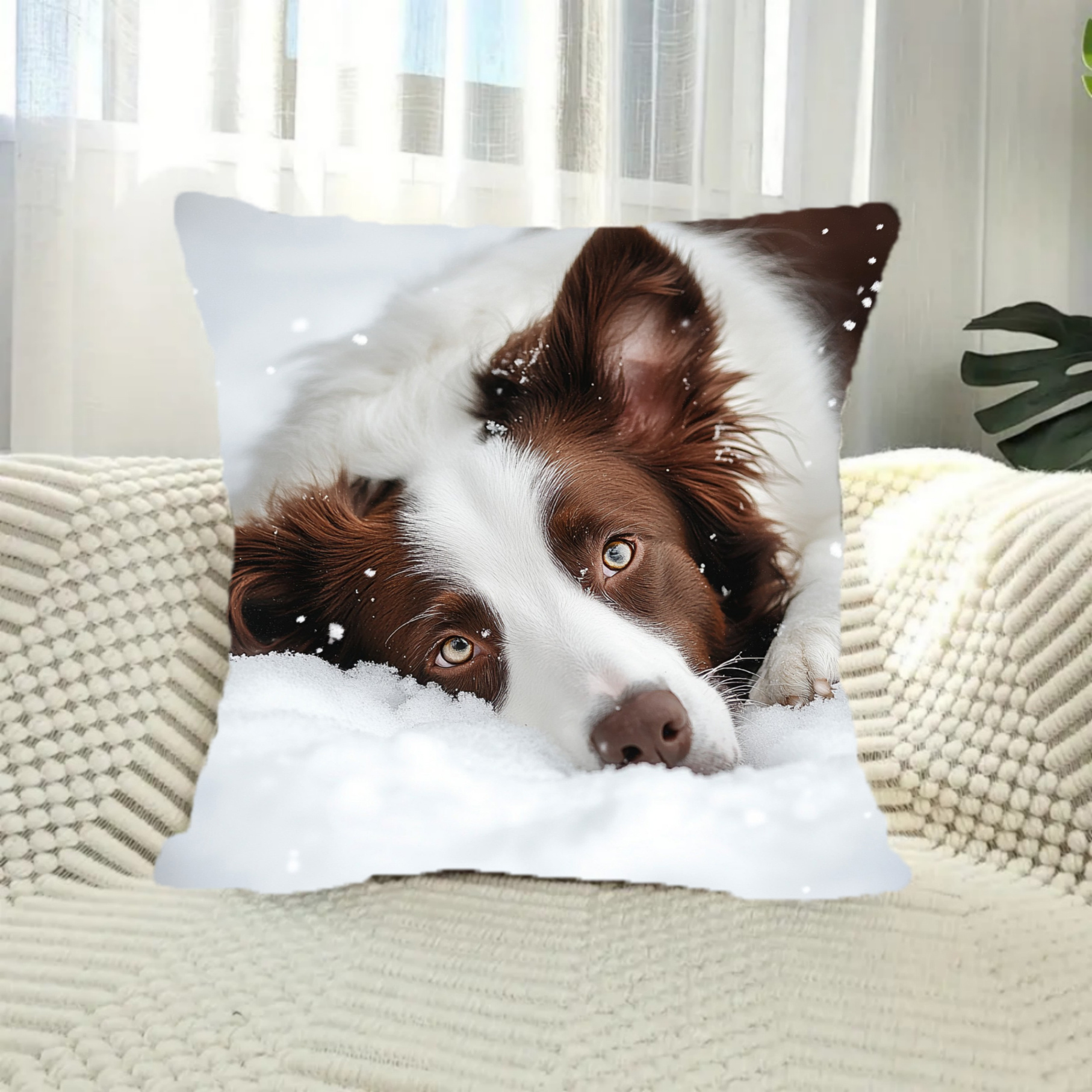 TEMU 1 Modern Polyester Fiber Cushion Cover For Decor, 18x18 Inches, Brown And White Border Collie Design, Machine Washable, Single-sided Print,
