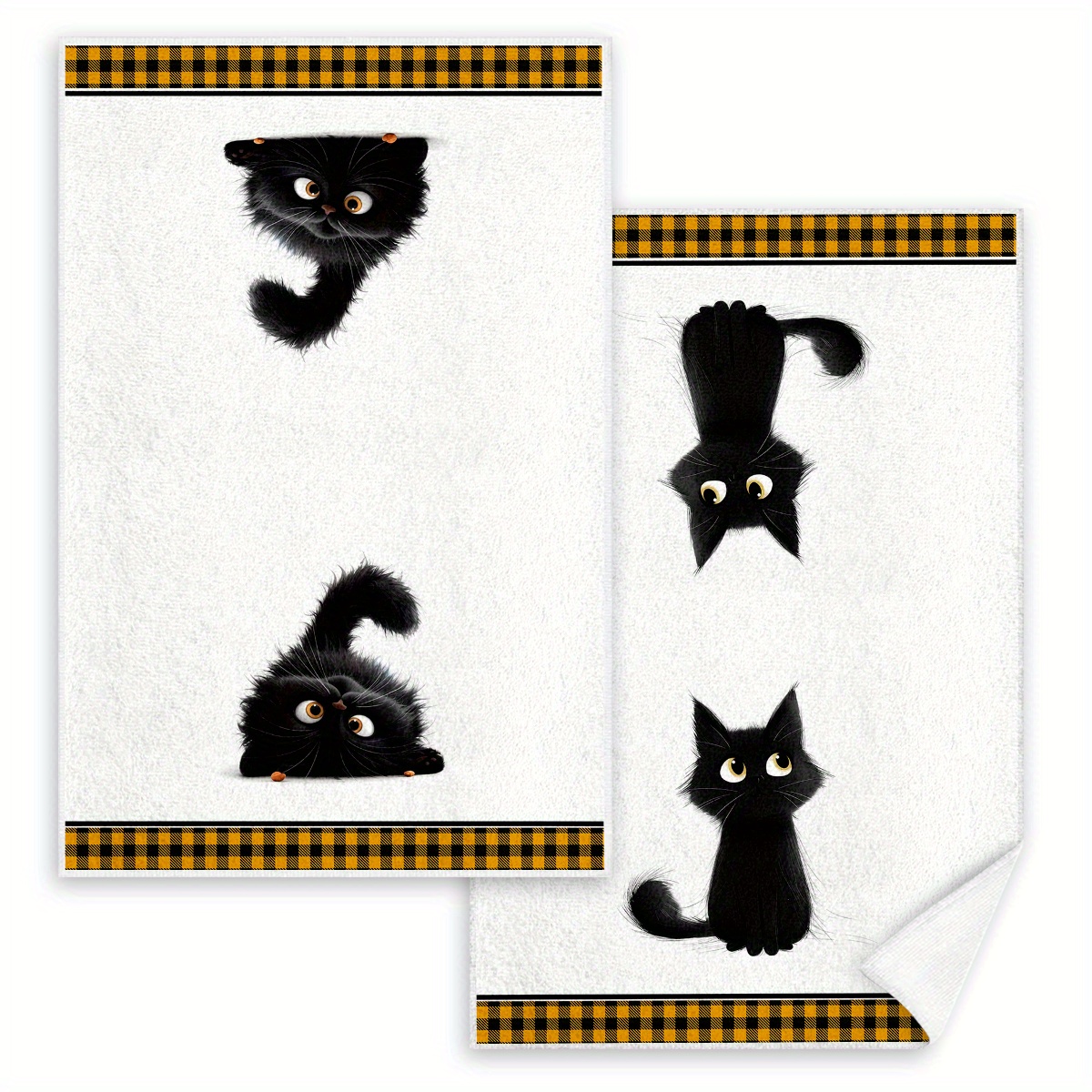 E-shop 2er-Set Süße Schwarze Katzen Küchentücher - Saugfähige & Weiche Polyester-Geschirrtücher zum Kochen, Backen und Reinigen - Perfektes