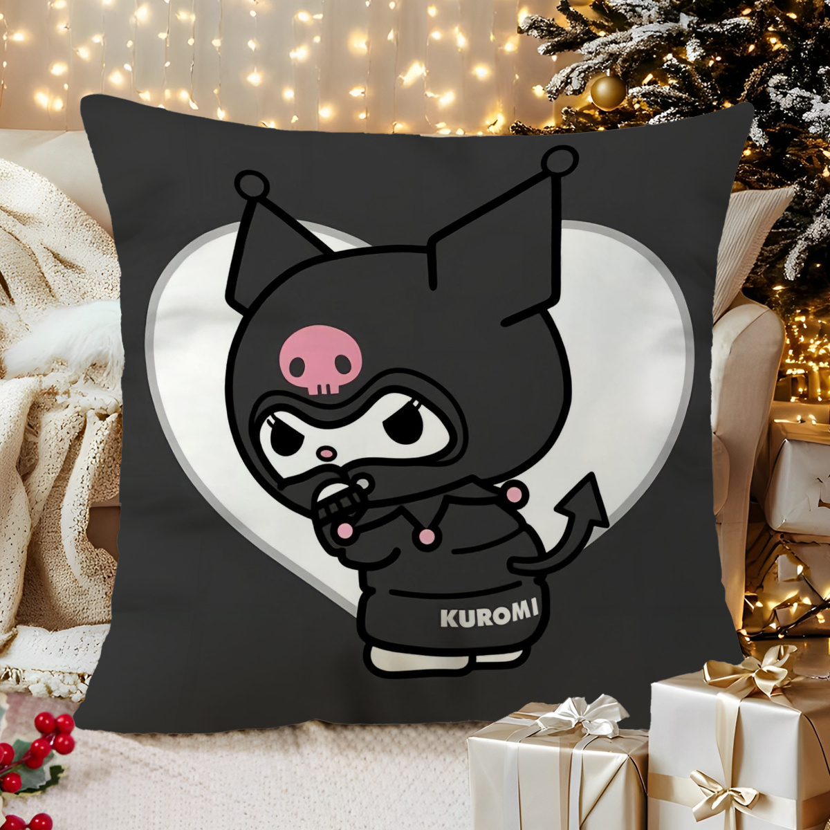 

Sanrio Kuromi Plush Pillow Cover 18x18" - Soft Cartoon Anime Design, Single-sided Print, Home , Ideal For Sofas, Beds, And Vehicles