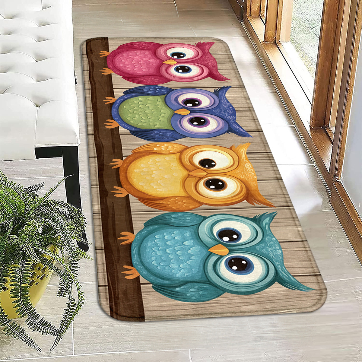 TEMU 1/2pcs Colorful Cartoon Owl Print Welcome Doormat - Non-slip Durable Flannel Machine Washable Indoor Mat For Living Room, Bedroom, Bathroom,