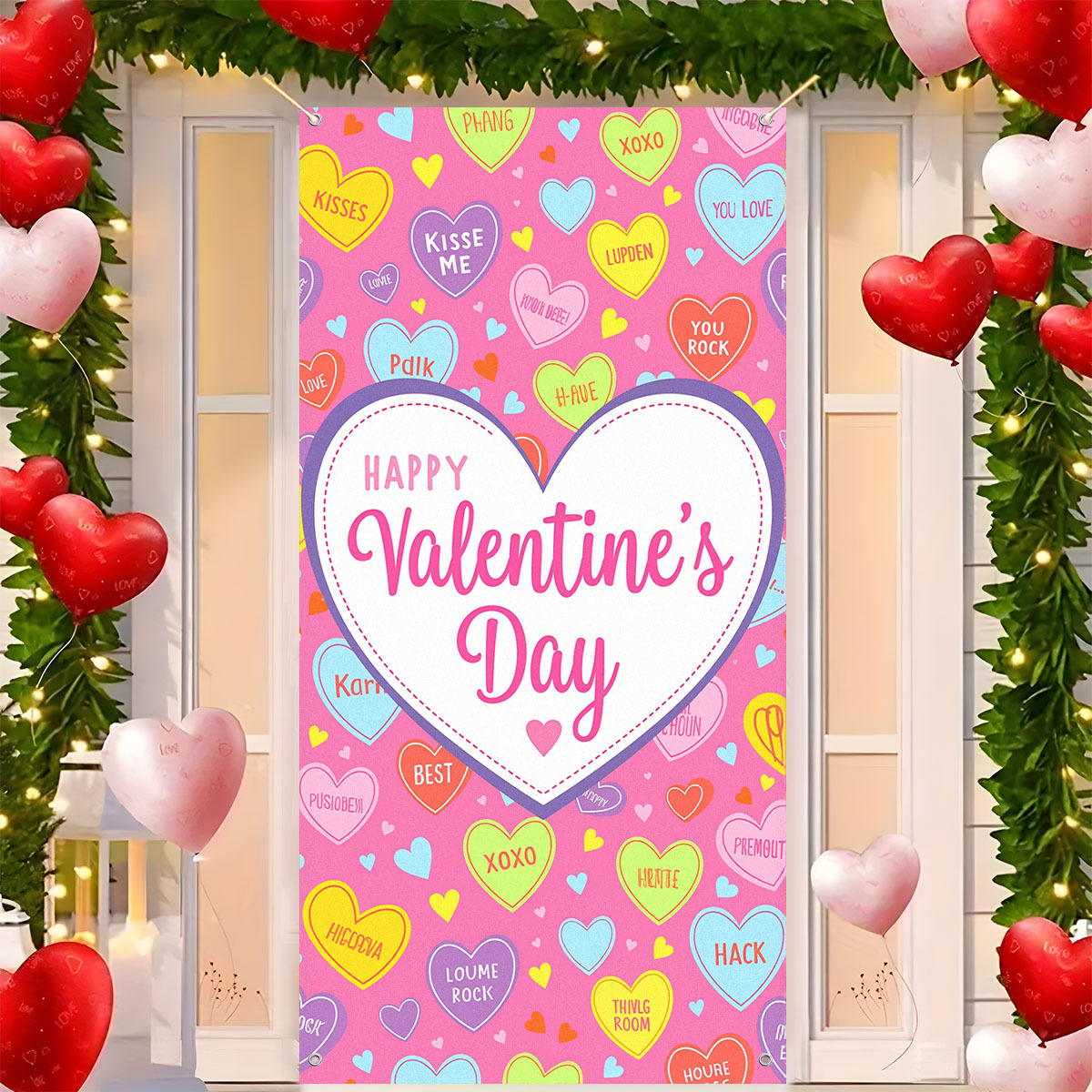 

Happy Valentine's Day Door Banner - Red , Polyester, Indoor/outdoor Decor For Porch & Photography Backdrop