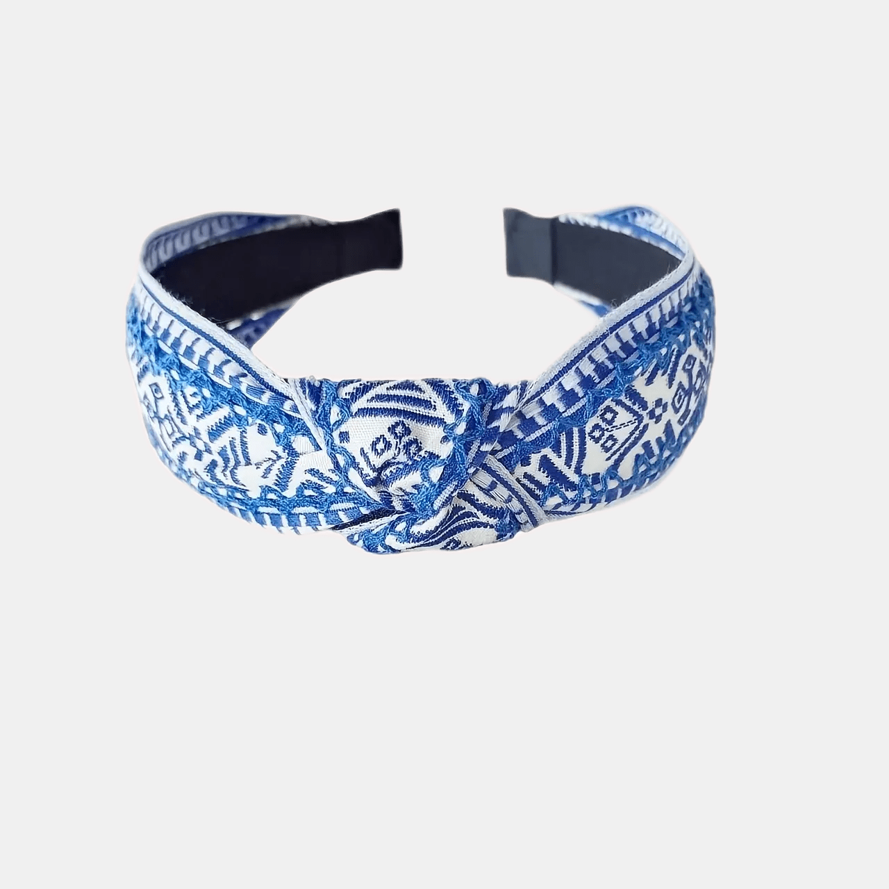 Image of Single Piece Bohemian Chic Blue Pattern Breathable Woven Fabric Knot Headband, Polyester, Elegant Style, Non-feathered, With Color Matching For Women, Anniversary Day Daily Hairband