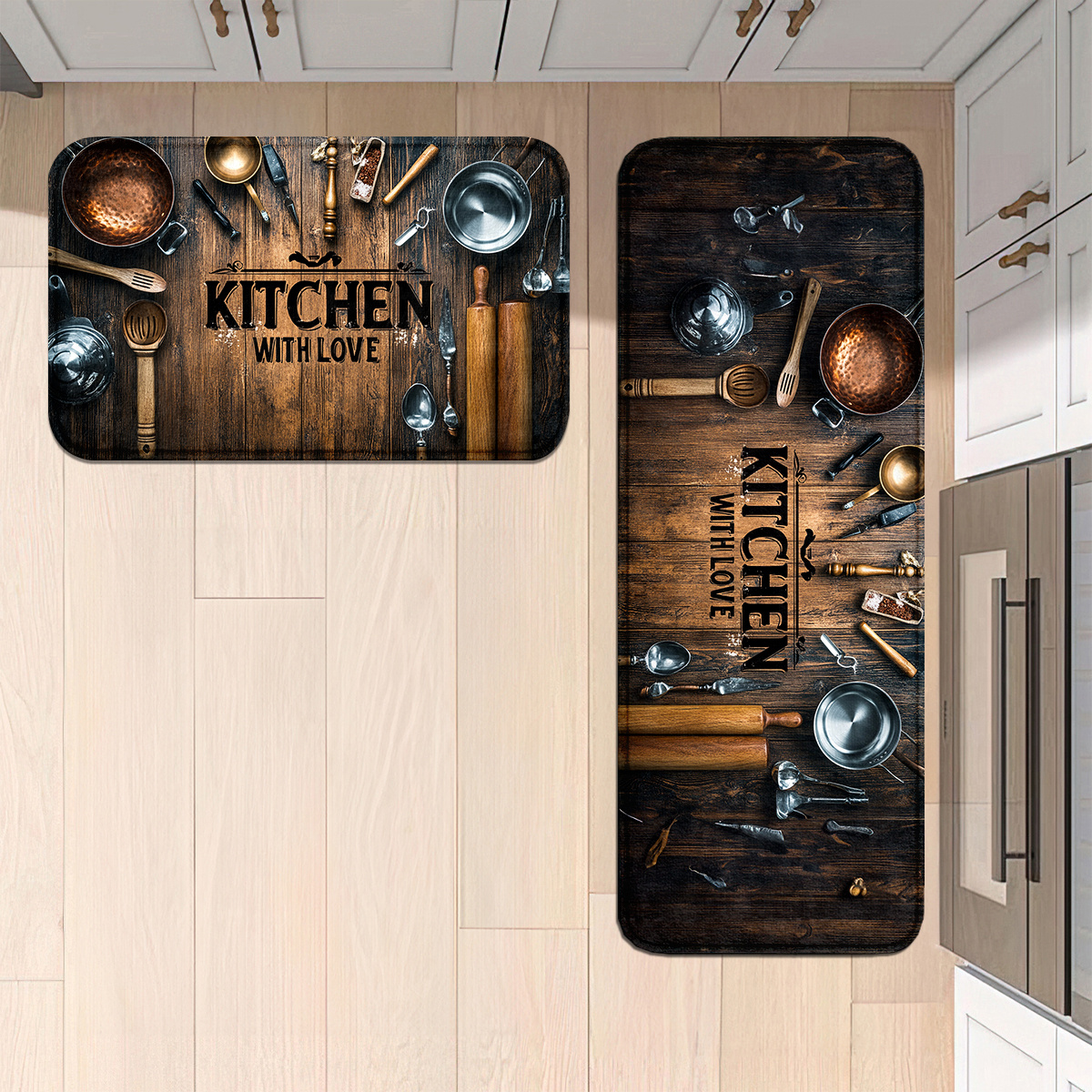 TEMU Ensemble de tapis de cuisine avec motif « Cuisine », motif casserole en cuivre 3D, casserole en acier inoxydable, rouleau à pâtisserie, tapis de