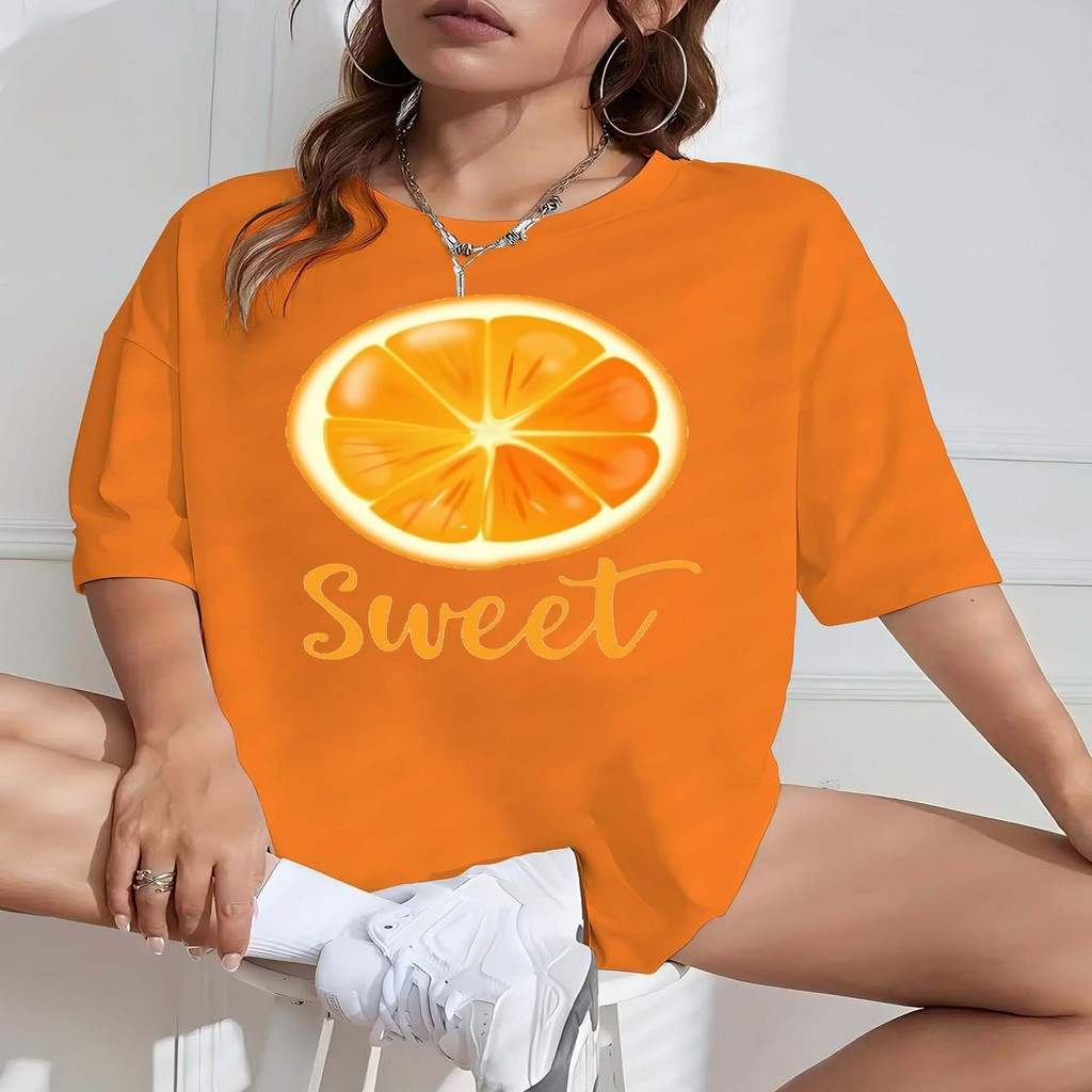 

1pc Women's Casual Crew Neck T-shirt With "sweet" Orange Print, Polyester Knit Fabric, Short Sleeve, Regular Length - Spring/summer Fashion Top