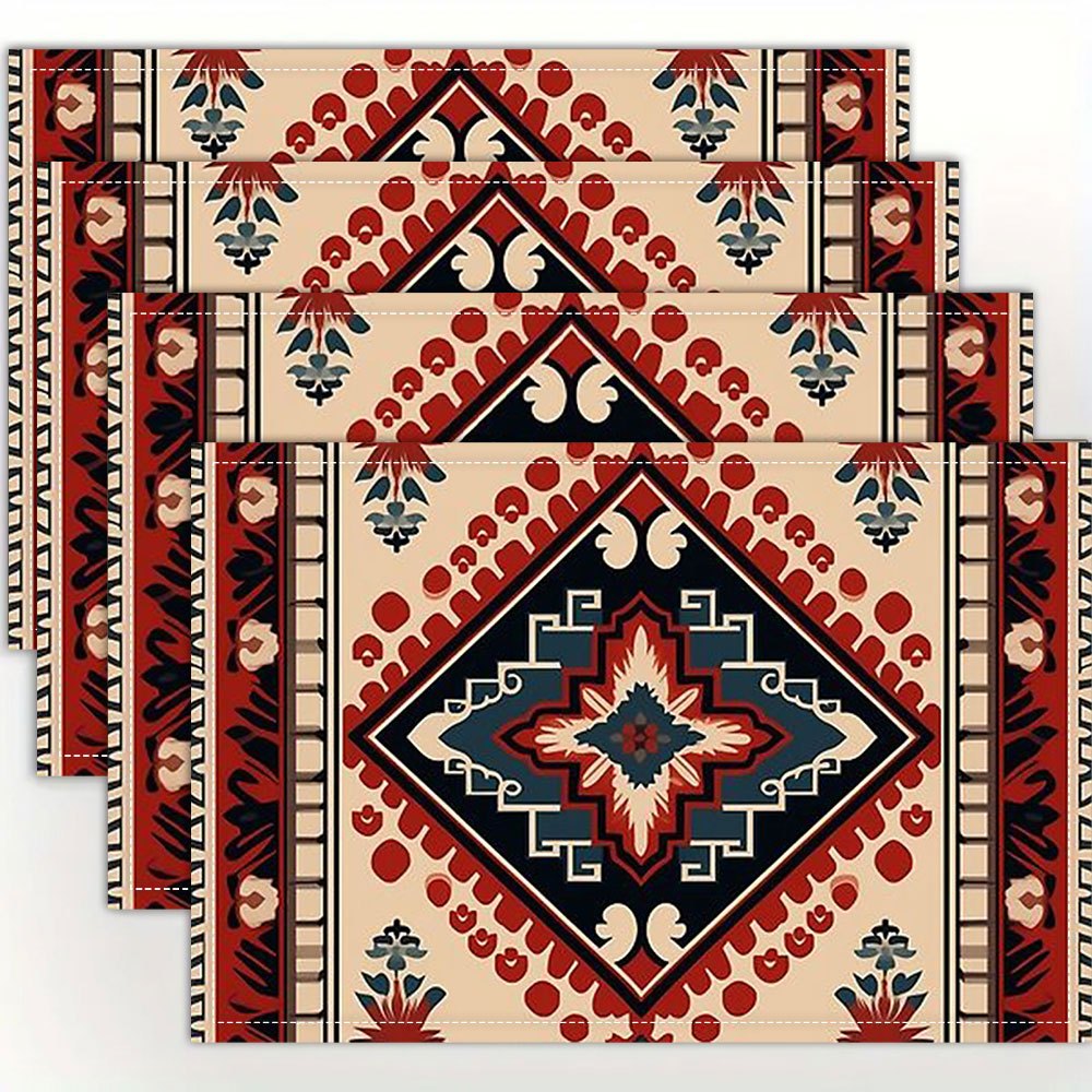 

Set Of 4 Traditional Albanian Rug Pattern Placemats - Decorative Linen Table Mats For Dining & Kitchen, Easy To Clean, 12x18 Inches