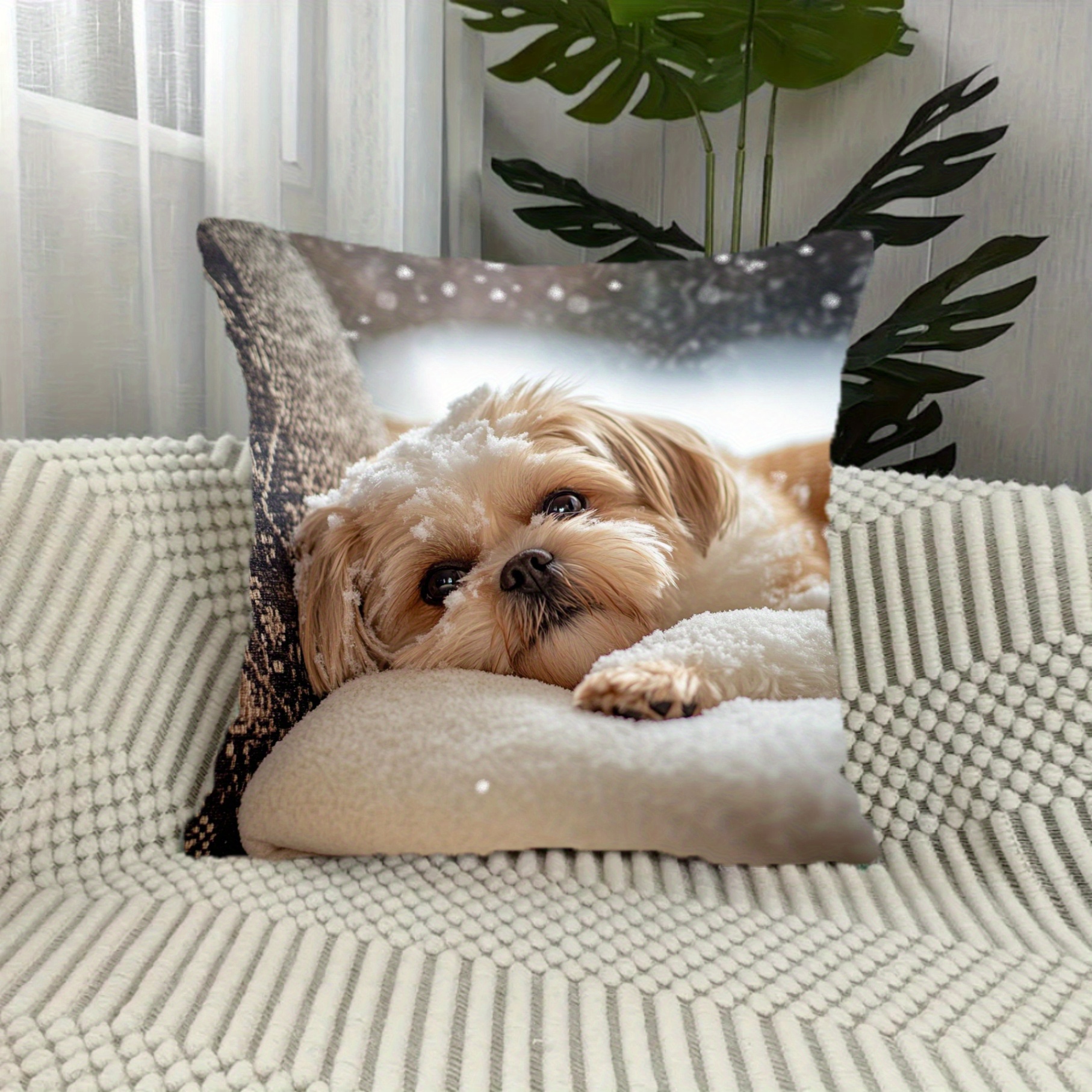 

Shih Tzu & Snowy Dogs 18x18 Inch Polyester Throw Pillow Cover - Soft, Machine Washable For Living Room, Bedroom Decor - Zip Closure,