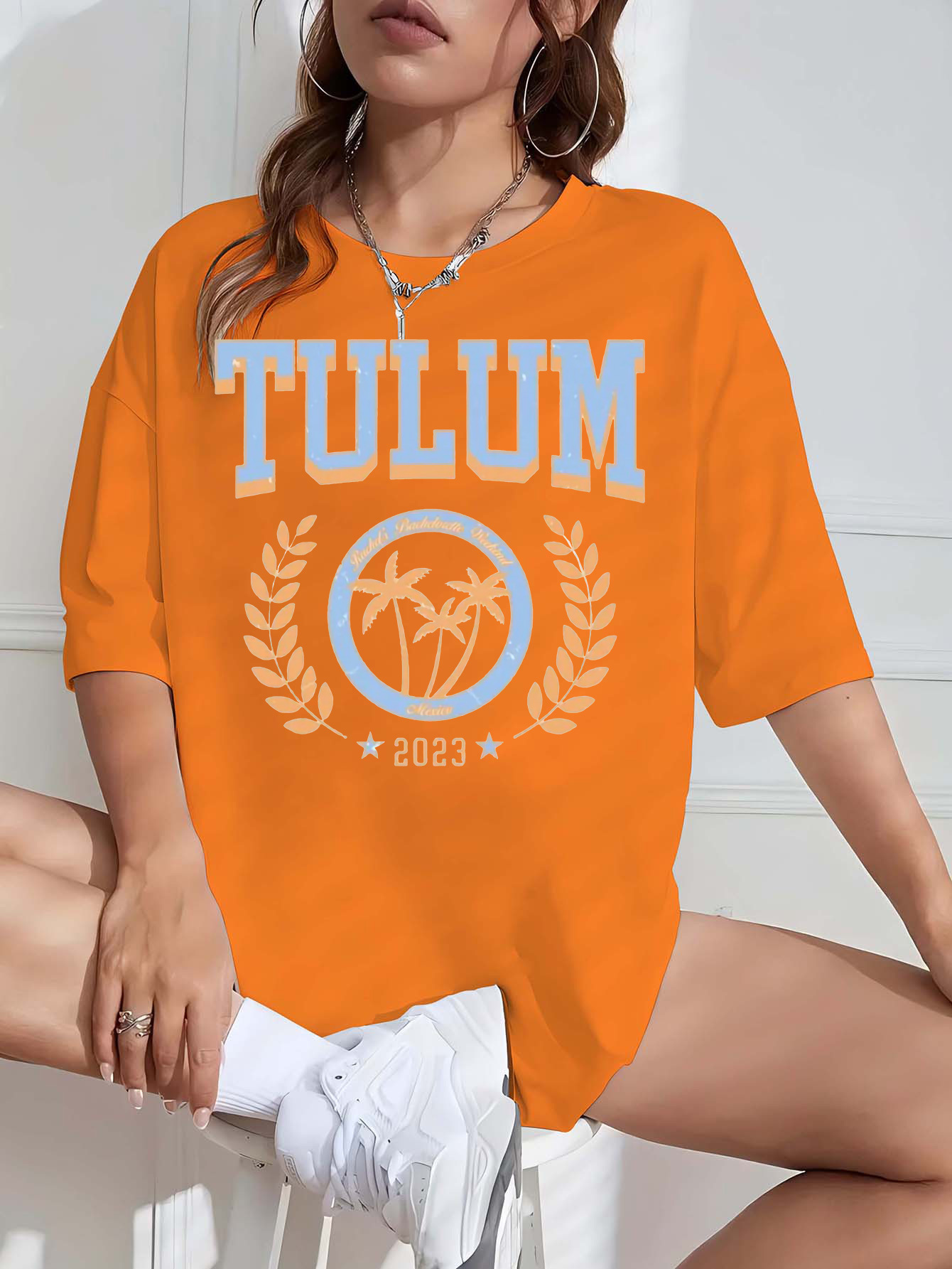 Camiseta de manga corta con estampado de Tulum de poliéster casual,  estampado de alfabeto, largo regular, para mujeres, colección