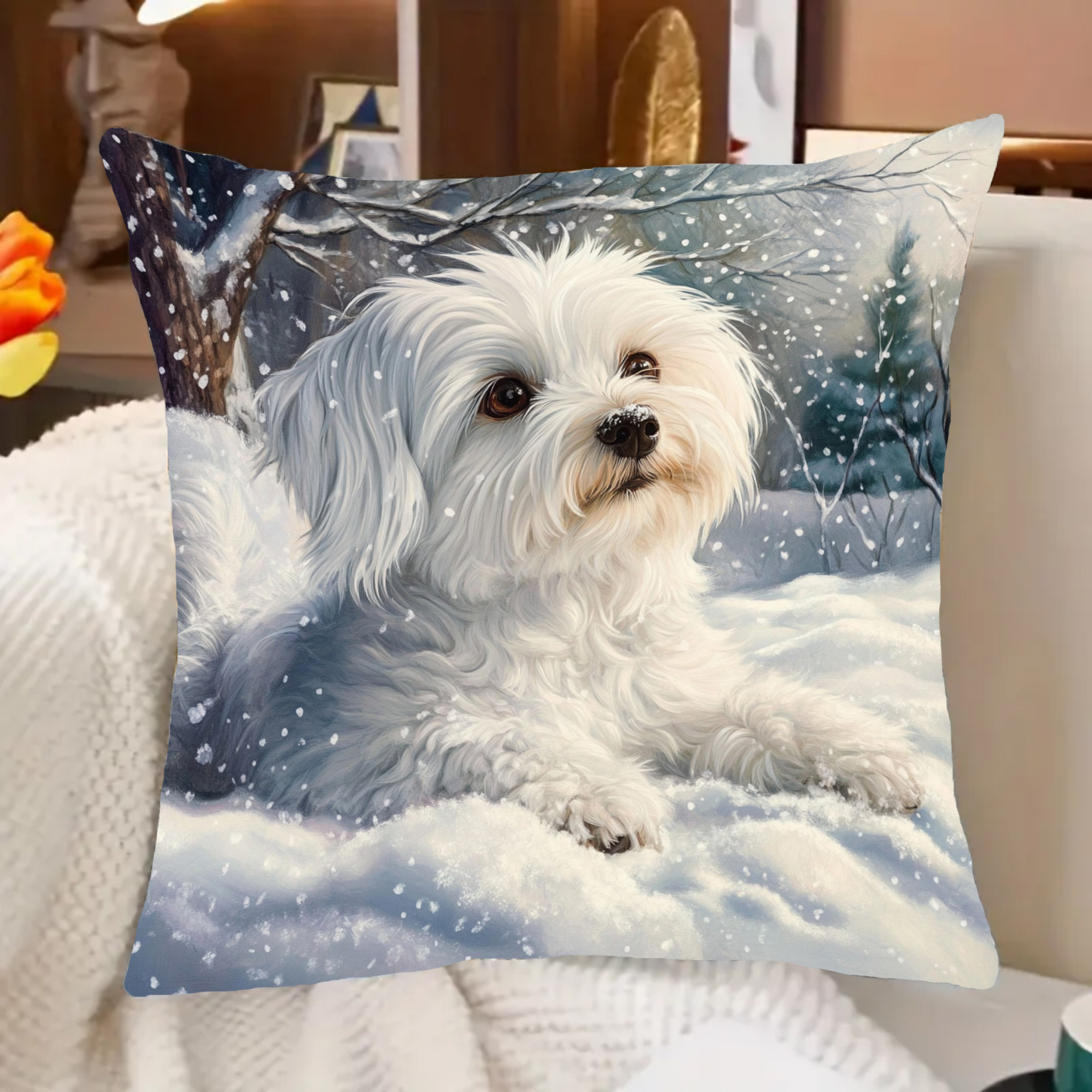 

1pc chien maltais scène d’hiver housse de coussin, 18x18 pouces, courte, , contemporain, lavable en , fermeture à glissière, tissé, taie d’ décorative , le et la décoration de voiture - Sisiy14871