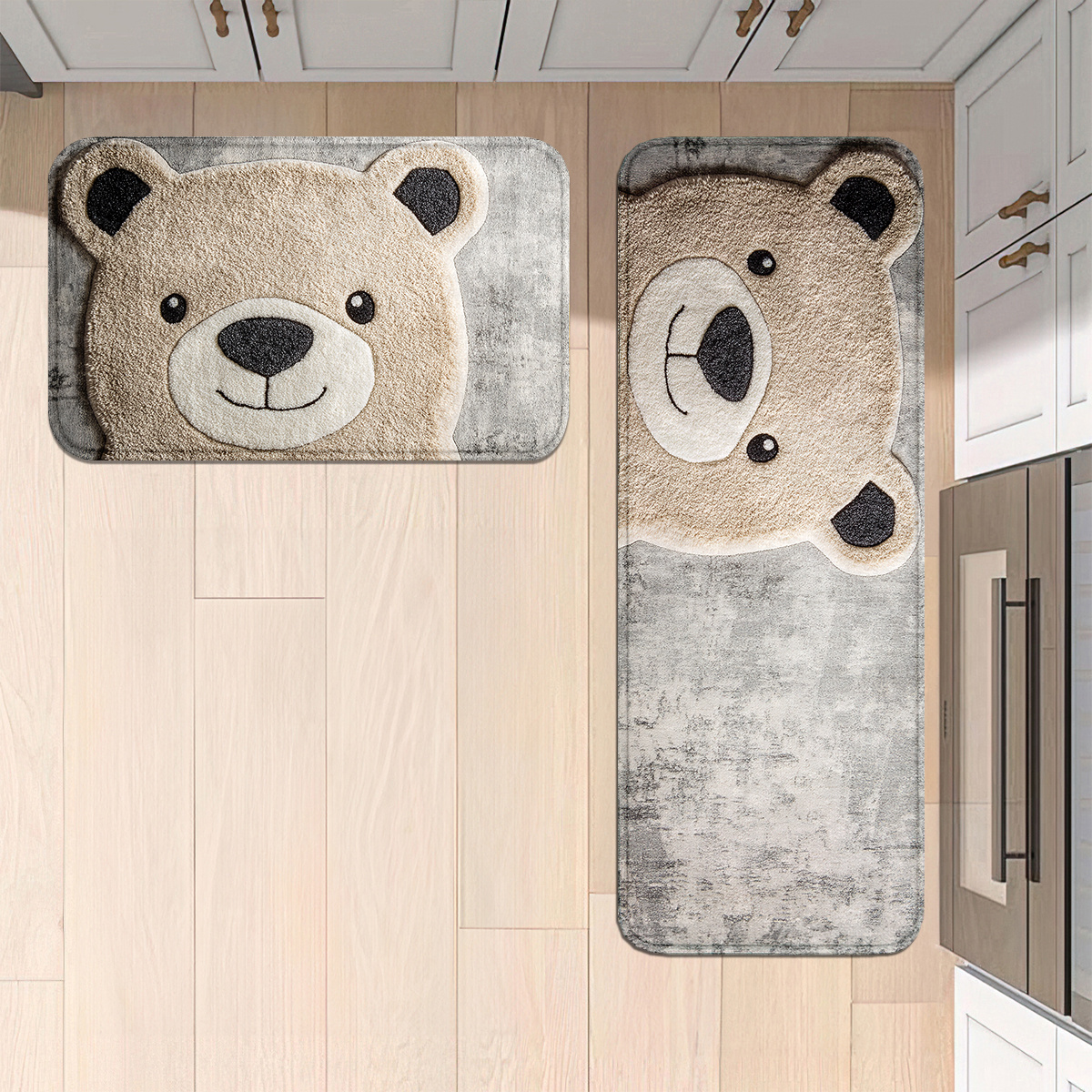 TEMU 1pc/2pcs 단순한 곰이 미소 짓는 회색 배경 주방 매트 세트, 폴리에스터로 제작, 미끄럼 방지, 기계 세척 가능, 홈, 사무실, 싱크대, 또는 세탁실에 적합한 니트 러그 - 모든 계절 장식에 편안한 매트 - 다양한 크기에 제공됩니다.