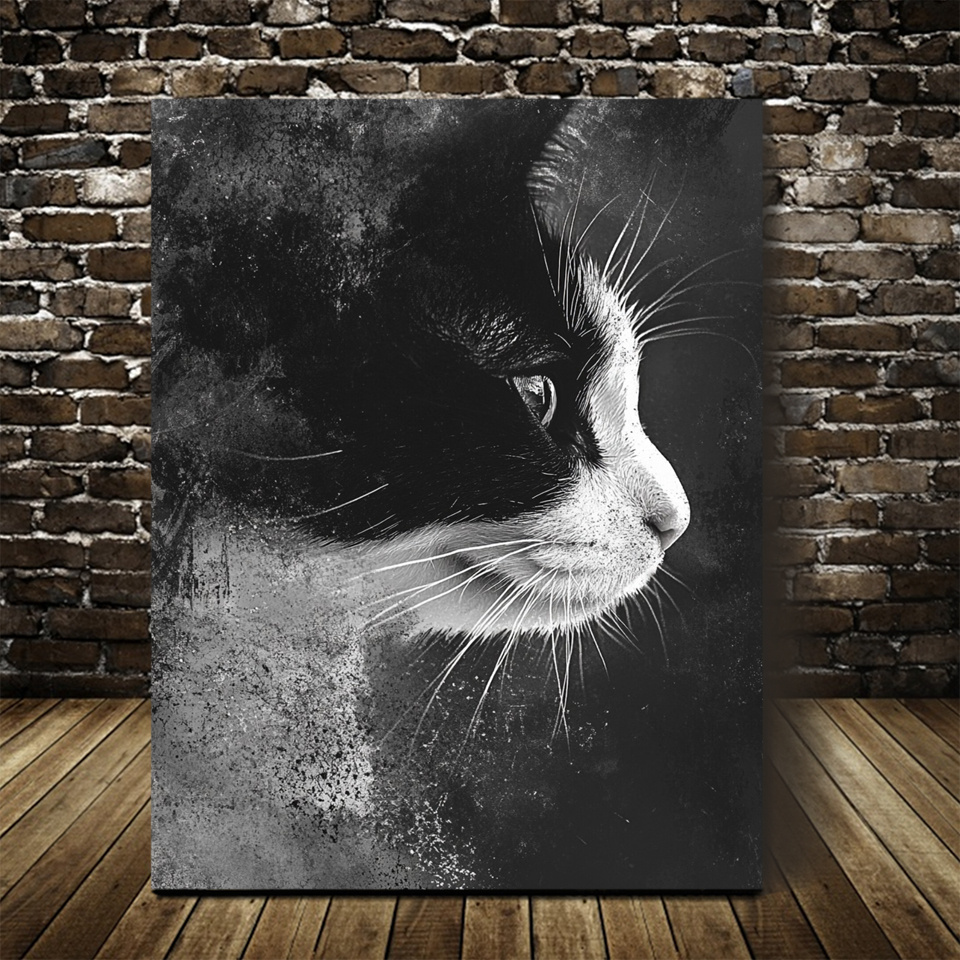 TEMU 2d 1pc Framed Abstract Black And White Cat Canvas Art - 11.8x15.7inch Contemporary Wall Decor With Textured Grunge Design, Perfect For Cafe,