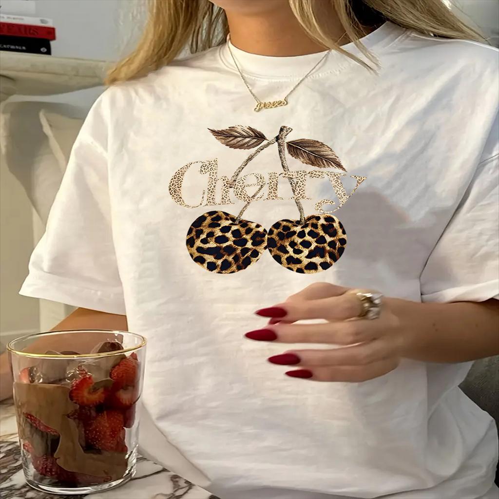 

Vintage Geometric Leopard Cherry Neck T-shirt, Summer Knit Polyester, Regular-length Top For Women