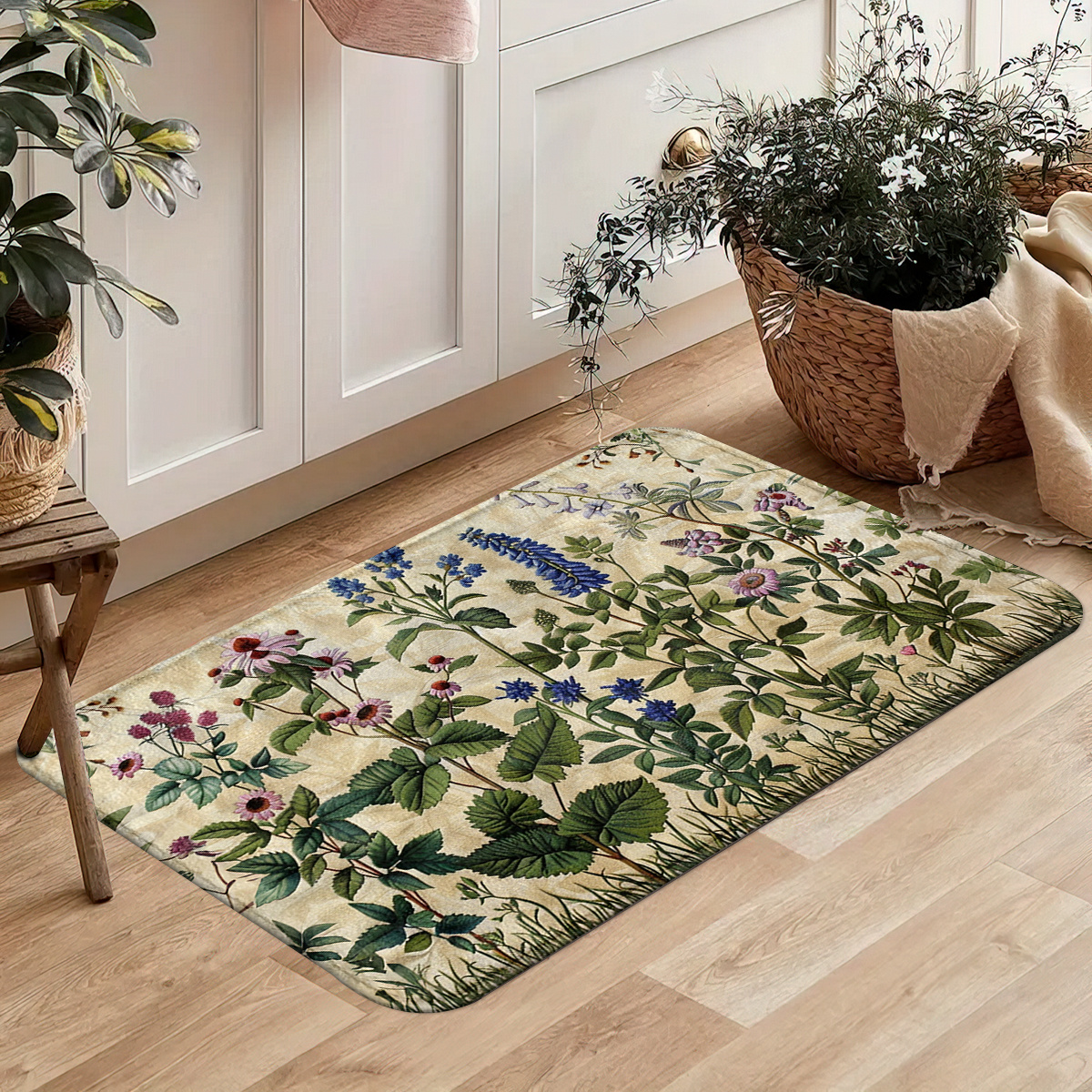 TEMU 1/2pcs Beige Floral Pattern Kitchen Mat Set - Non-slip, Machine Washable Polyester Runner Mat, Suitable For Home, Office, Laundry Room -