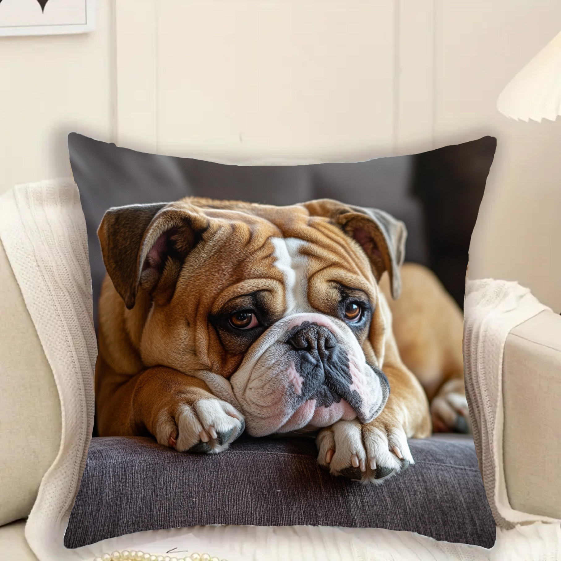 pieza Peluche de Bulldog Inglés cm Cama para Perro de  Peluche y Corto con Diseño de Relajada de Bulldog, Almohada para