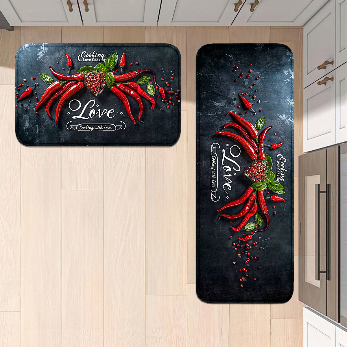 TEMU "Cuisinez " Ensemble de Tapis de Cuisine de Cœur avec Chili & Poivre de - Antidérapants, Lavables en Machine, Tapis de Course en Polyester , , -