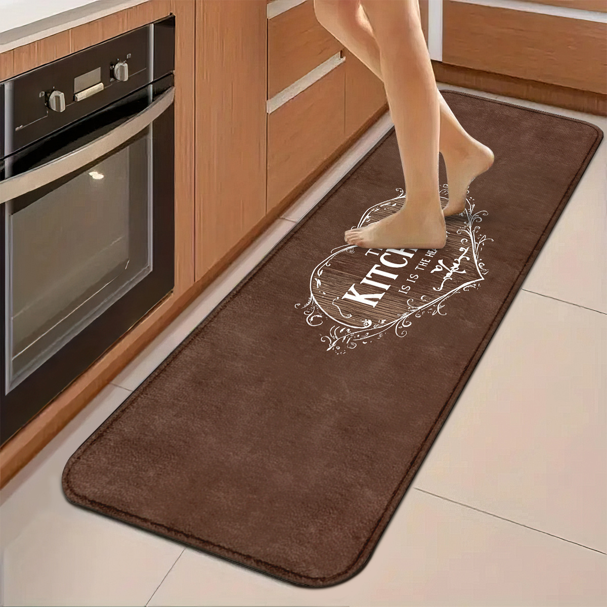 TEMU Ensemble de tapis de cuisine avec fond marron, cœur et texte « est le cœur », tapis de couloir antidérapants en lavables en machine, adaptés , ,