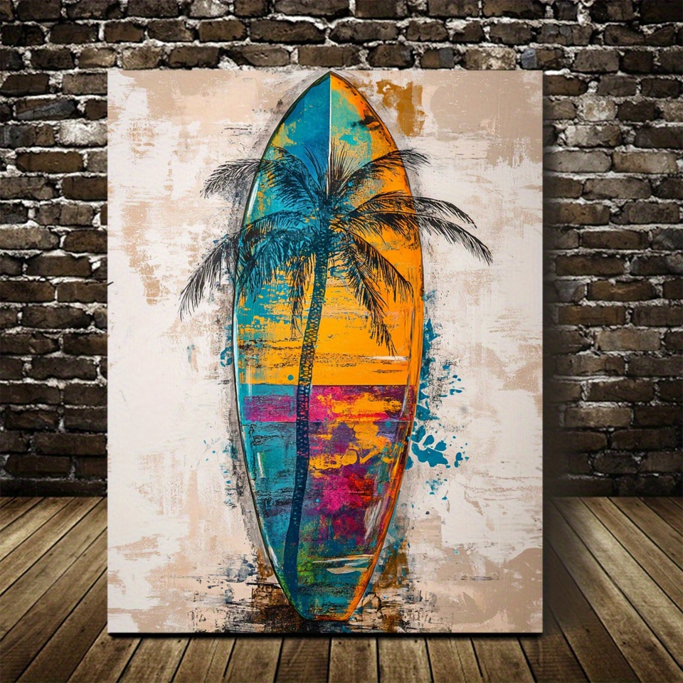 

Abstract Surfboard & Palm Tree Canvas - Contemporary Style, Log Material, Pre- Tropical Beach Decor, No Electricity Required, Ideal For Home, Office, Cafe - 11.8x15.7 Inches