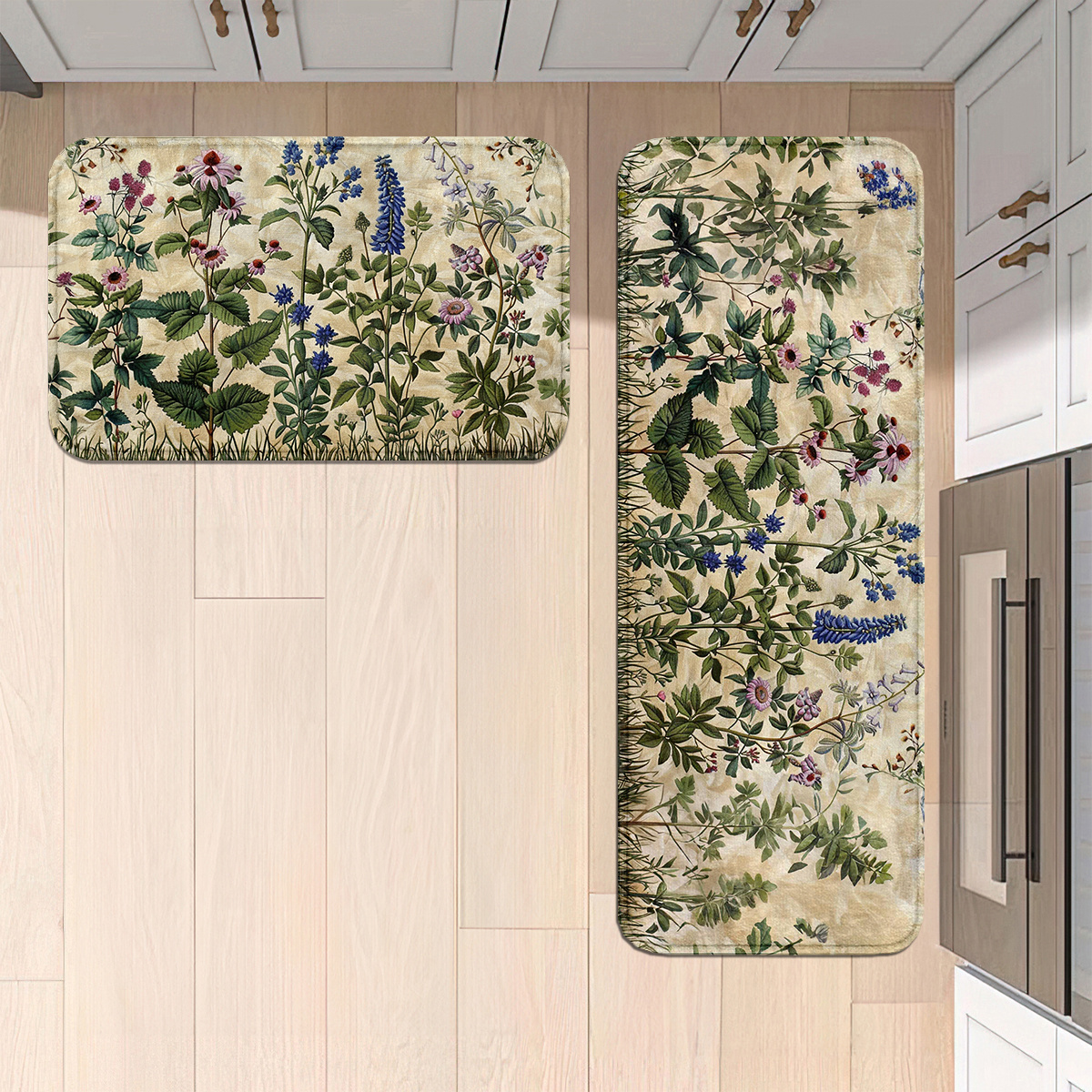 TEMU Juego de tapetes de cocina con de flores y sobre beige, tapete de punto de poliéster antideslizante lavable a máquina para el hogar, oficina,