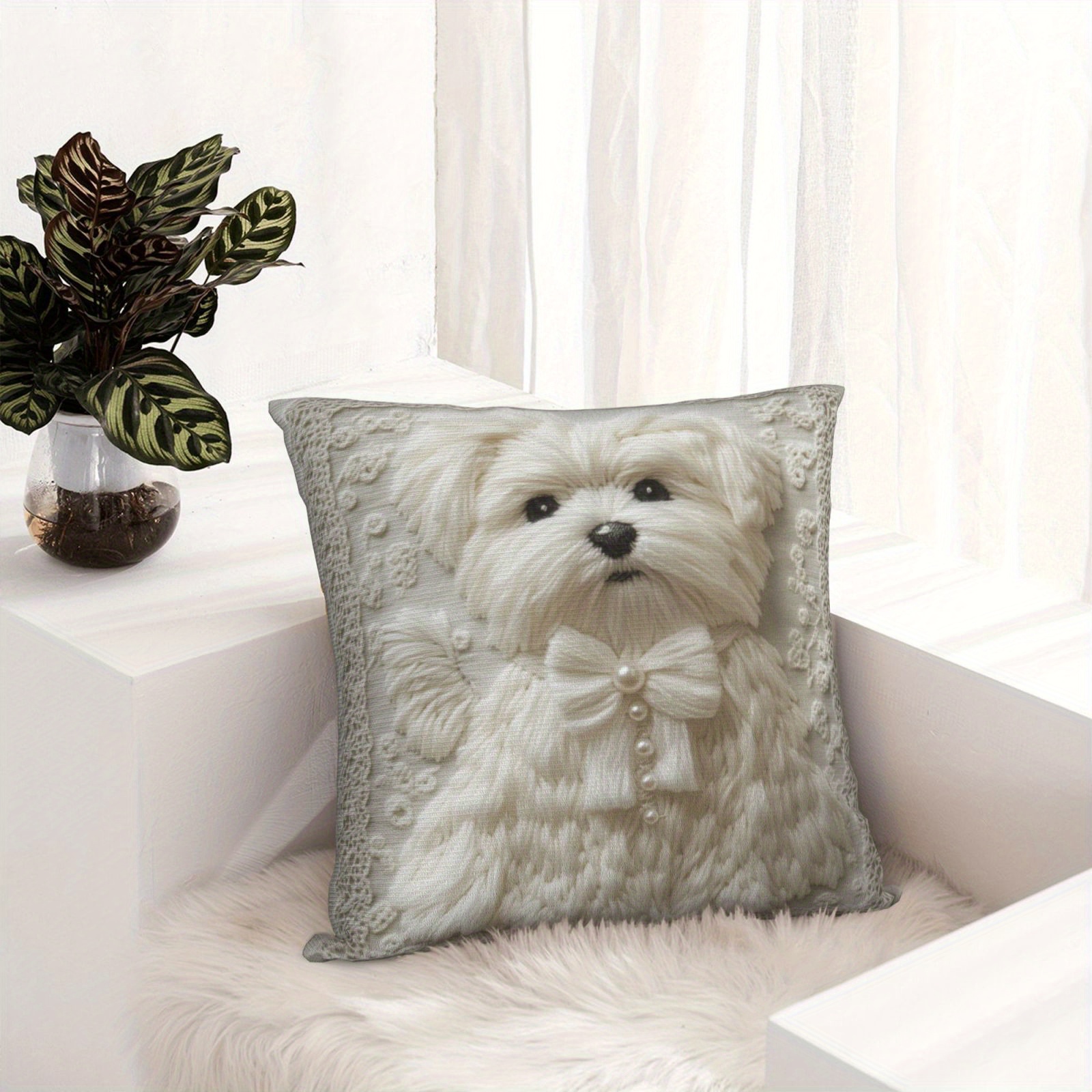 

1pc Throw Pillow Covers 18x18in, White Maltese Dog Embroidery Print With Elegant Velvet Pillowcase, Decor Cushion Throw Pillows For Office, Home, Bedroom, Living Room