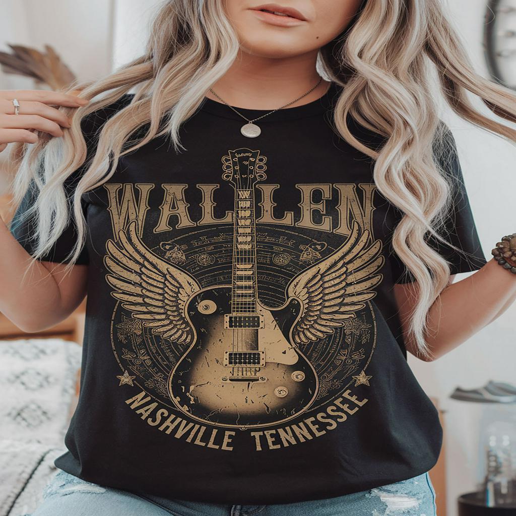 

Women's Nashville Tennessee Guitar Graphic T-shirt - Black Short Sleeve Round Neck Casual Top With Winged Guitar Design, Machine Washable