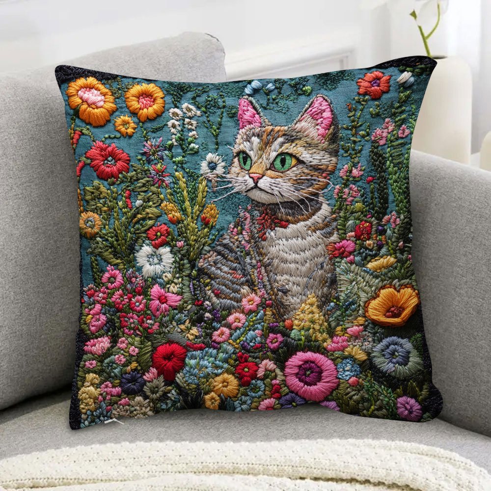 

1pc Vintage-inspired Cat In Garden Embroidery Pillow Cover, 18x18 Inch, Short Plush, Double-sided Print With Zip Closure - Machine Washable, Polyester (no Insert Included), Cat Decor