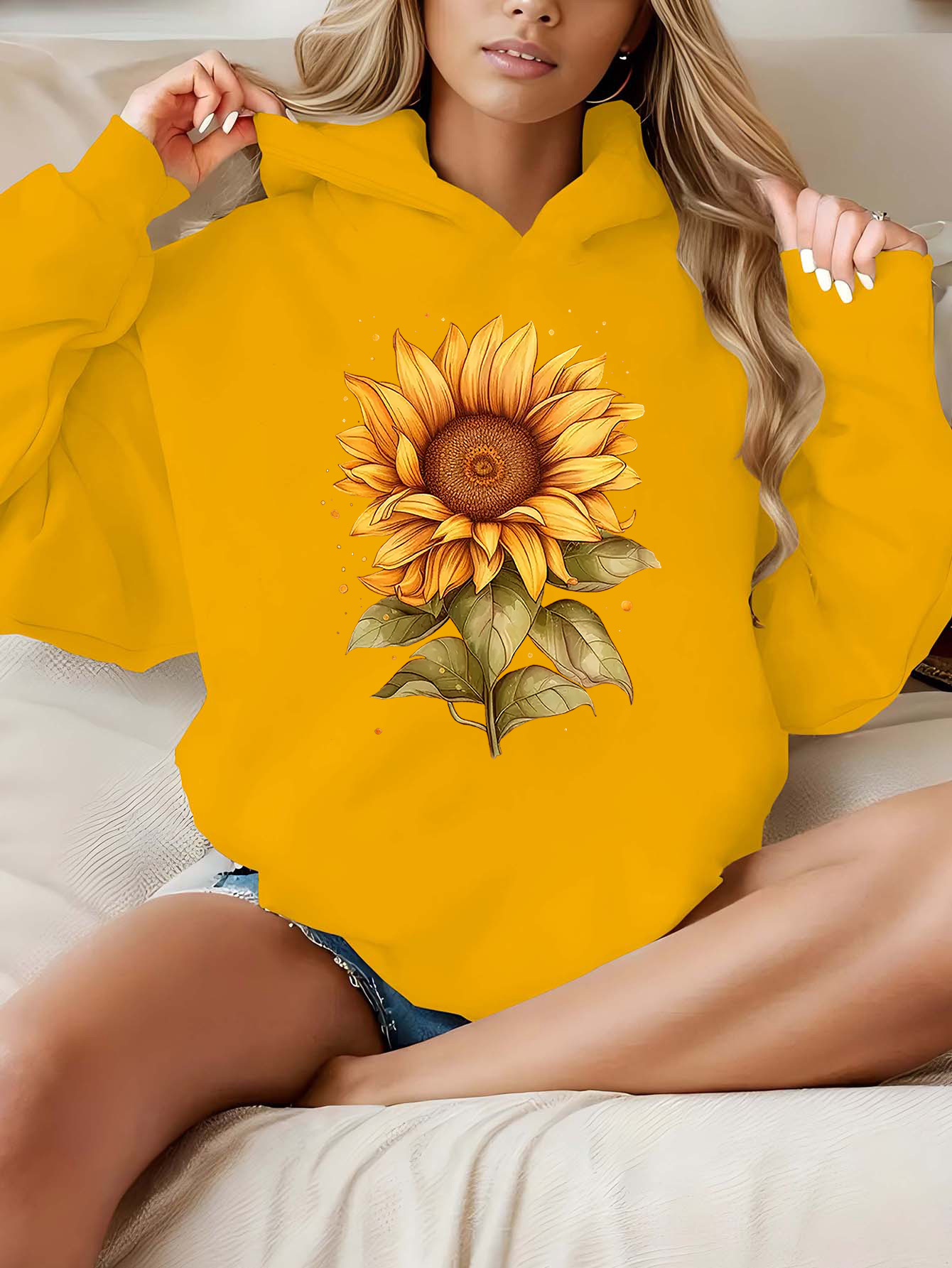 womens vibrant orange sunflower print hooded sweatshirt Temu - Main Image