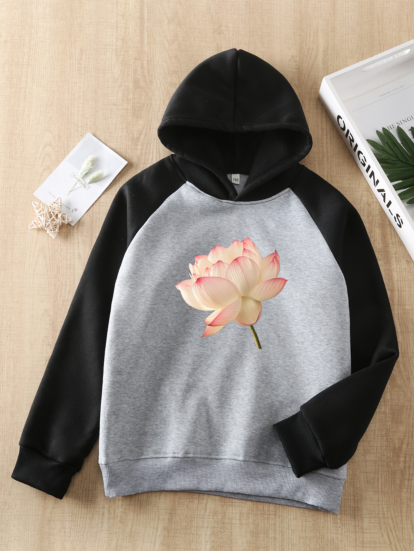 girls' casual hooded sweatshirt lotus flower print polyester