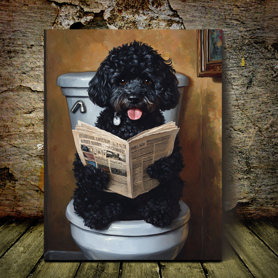 

Black Cockapoo Dog Reading Newspaper On Toilet - Canvas Art, 11.8x15.7 Inches - Living Room, Bathroom, Office Decor